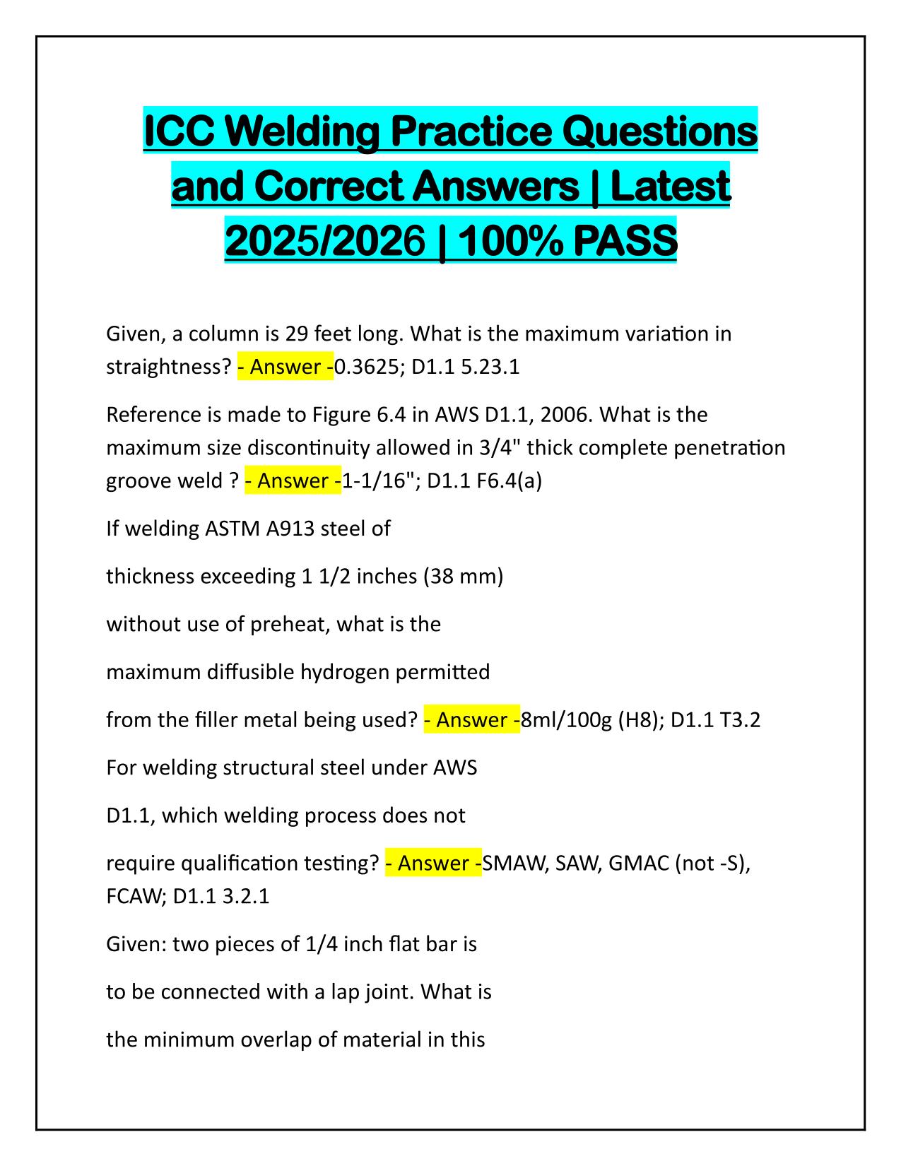 ICC Welding Practice Questions and Correct Answers Latest Update 100% PASS 