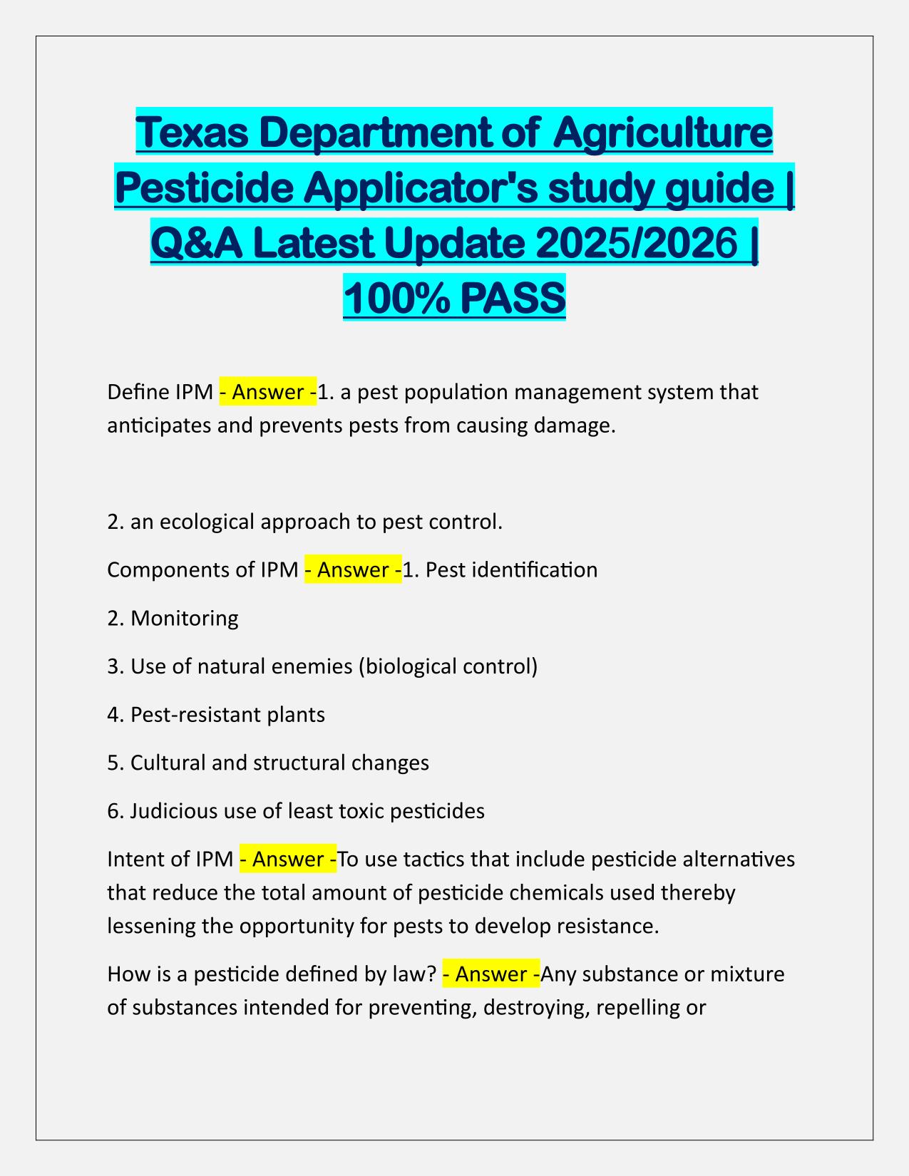Texas Department of Agriculture Pesticide Applicators study guide Q&A Latest Update