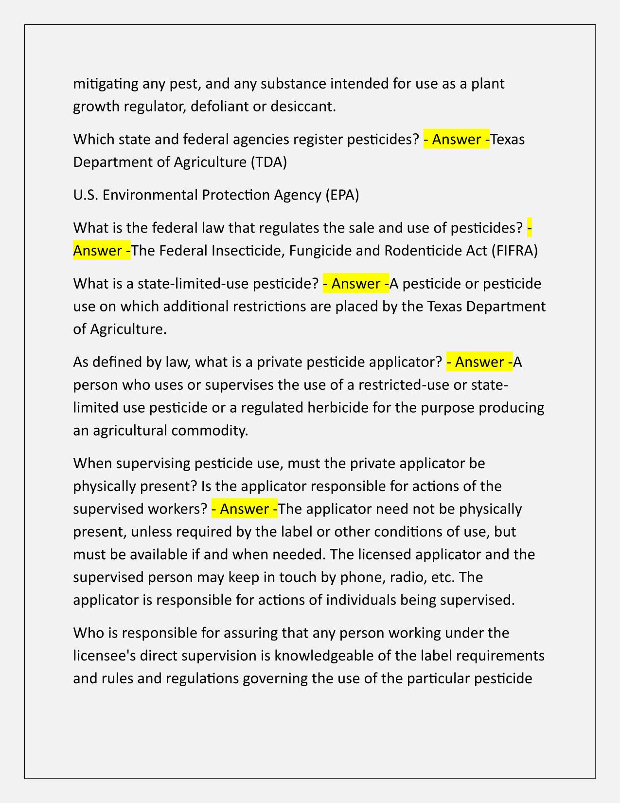 Texas Department of Agriculture Pesticide Applicators study guide Q&A Latest Update