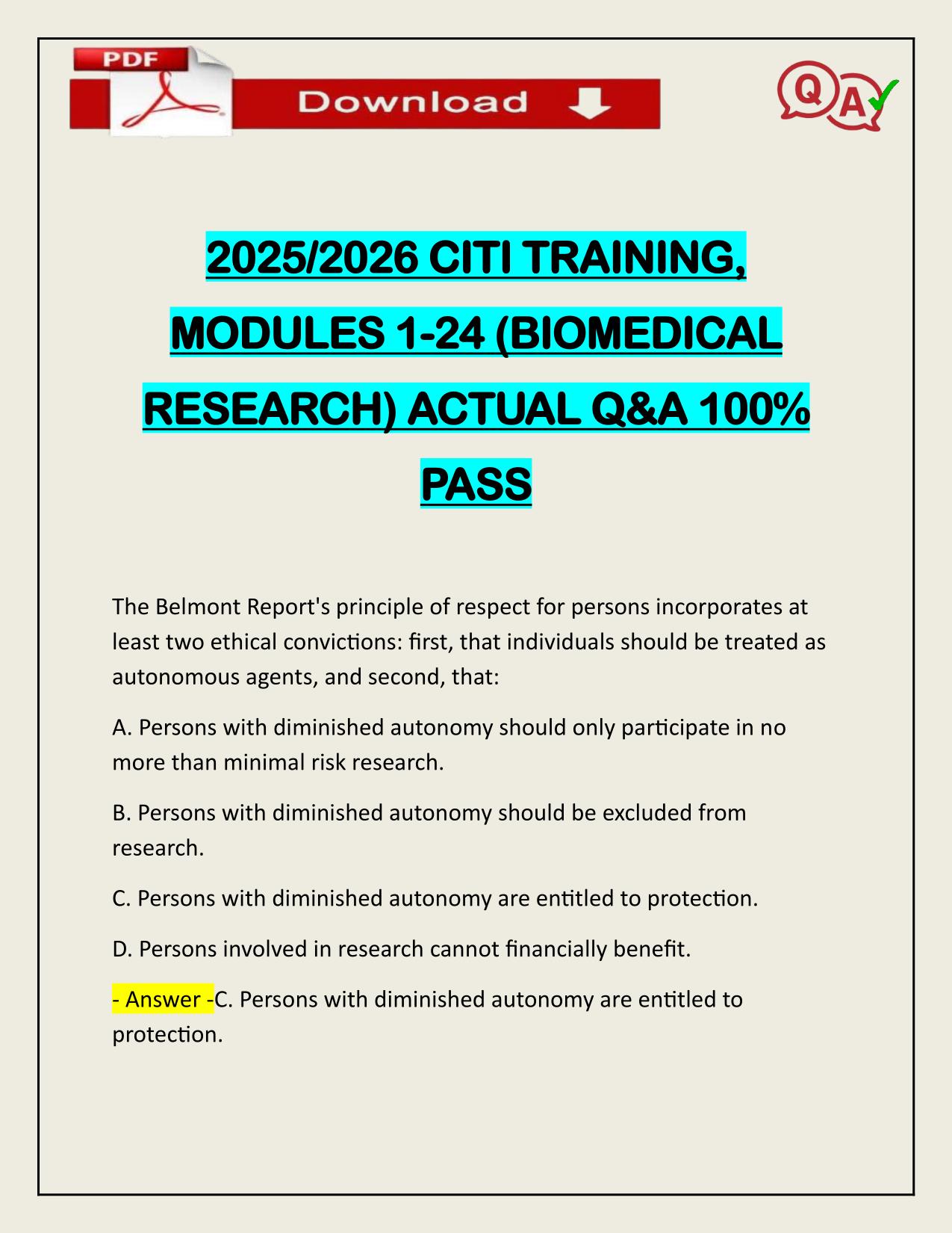 2025/2026 CITI TRAINING, MODULES 1-24 (BIOMEDICAL RESEARCH) LATEST