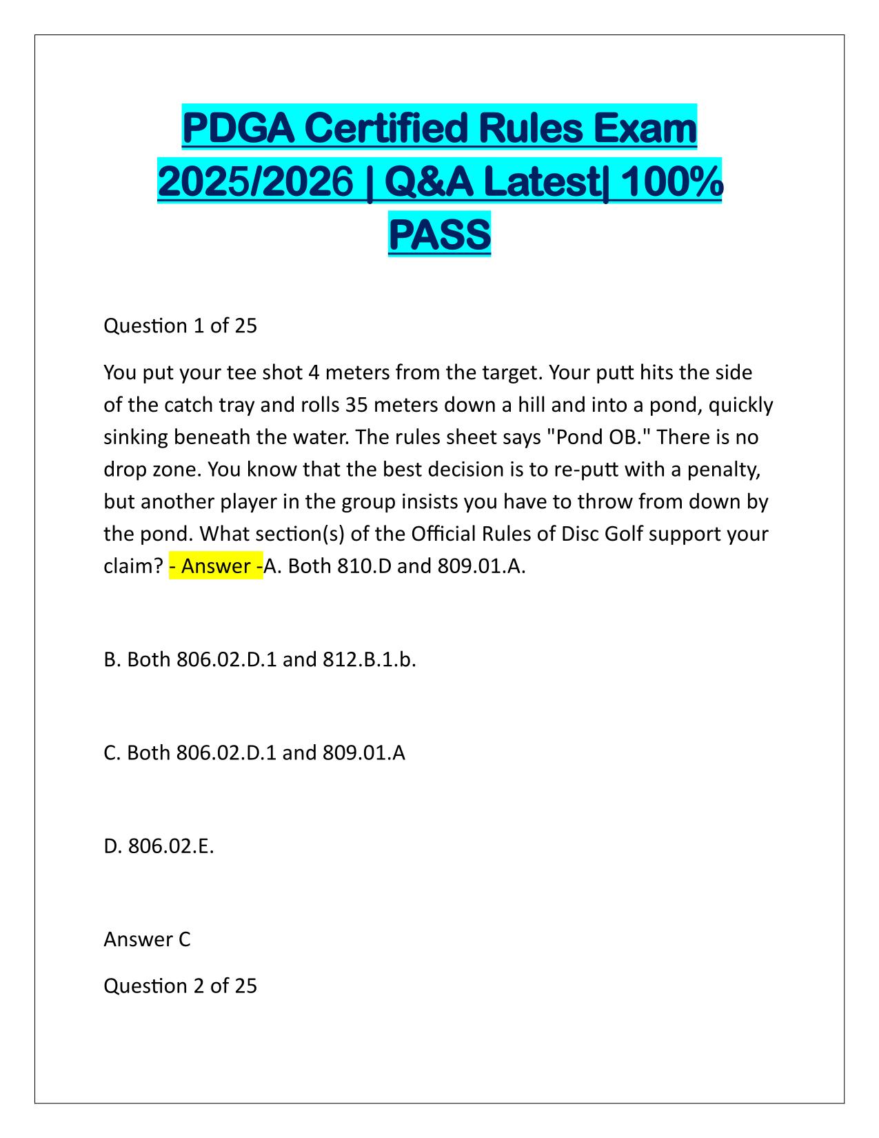 PDGA Certified Rules Exam 2025-2026 Q&A Latest Update