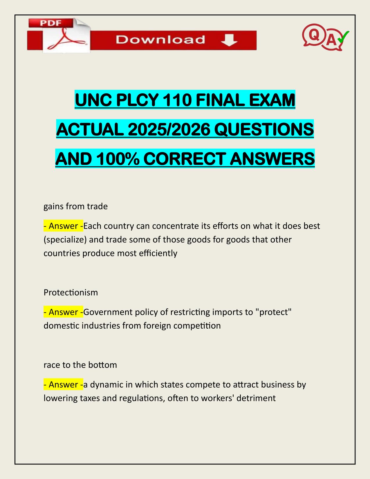 BUNDLE FOR UNC PLCY 110 EXAMS ACTUAL 2025/2026