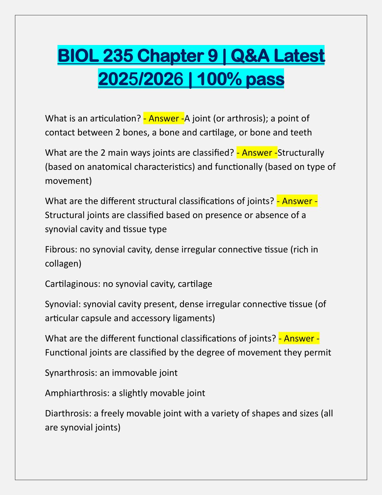 BIOL 235 Chapter 9 Q&A Latest Update