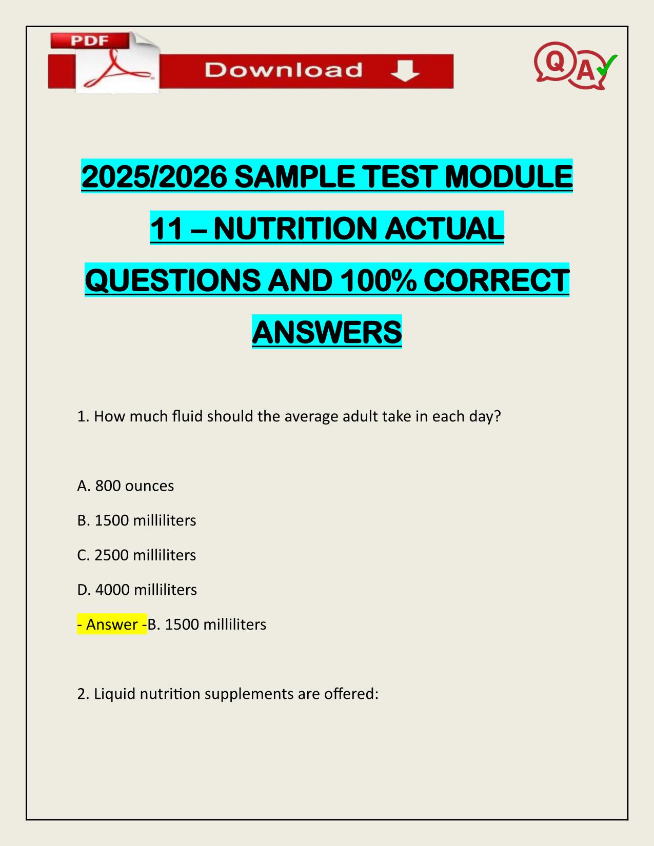 2025/2026 SAMPLE TEST MODULE 11 – NUTRITION ACTUAL Q&A