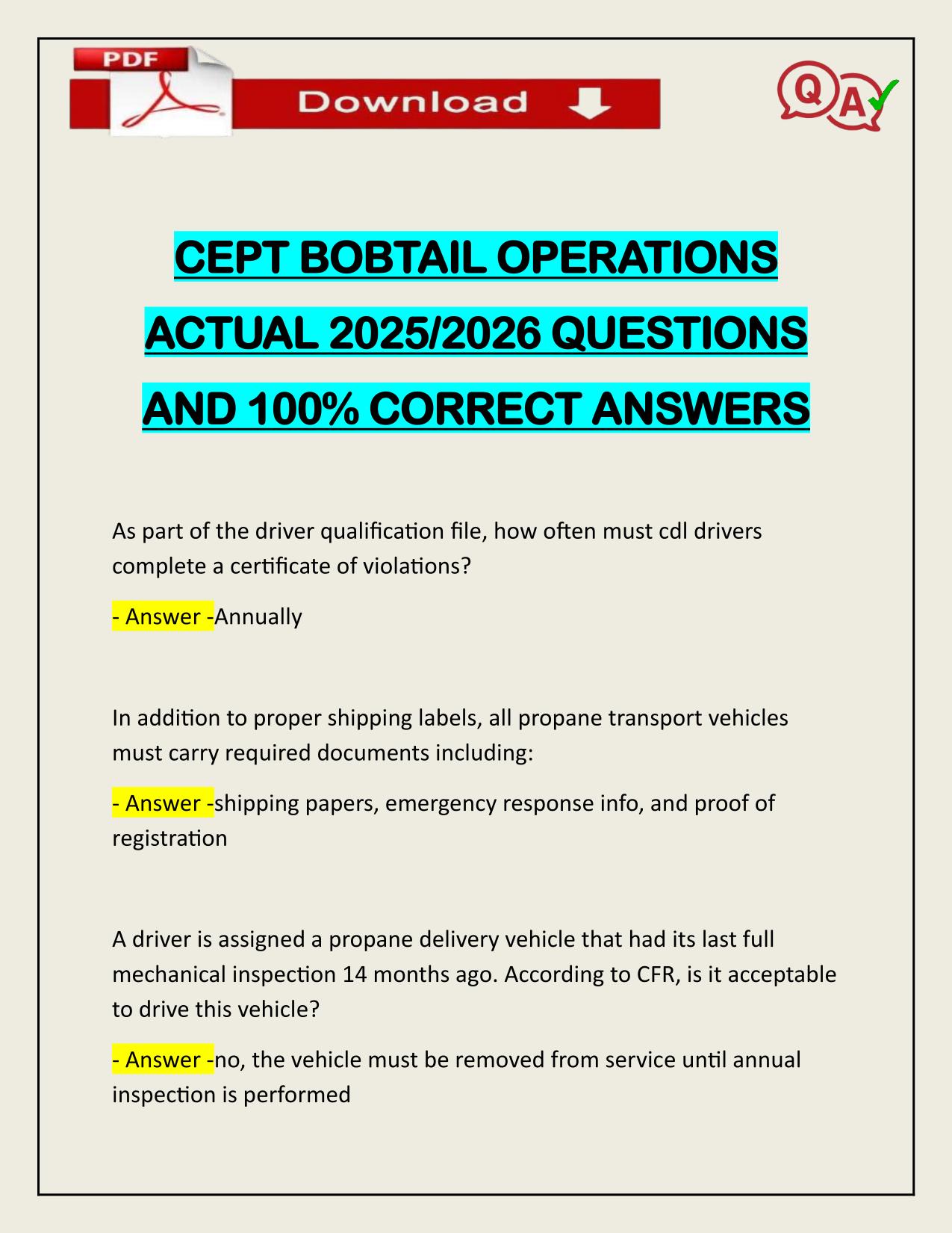CEPT BOBTAIL OPERATIONS ACTUAL 2025/2026 QUESTIONS AND 100% CORRECT ANSWERS