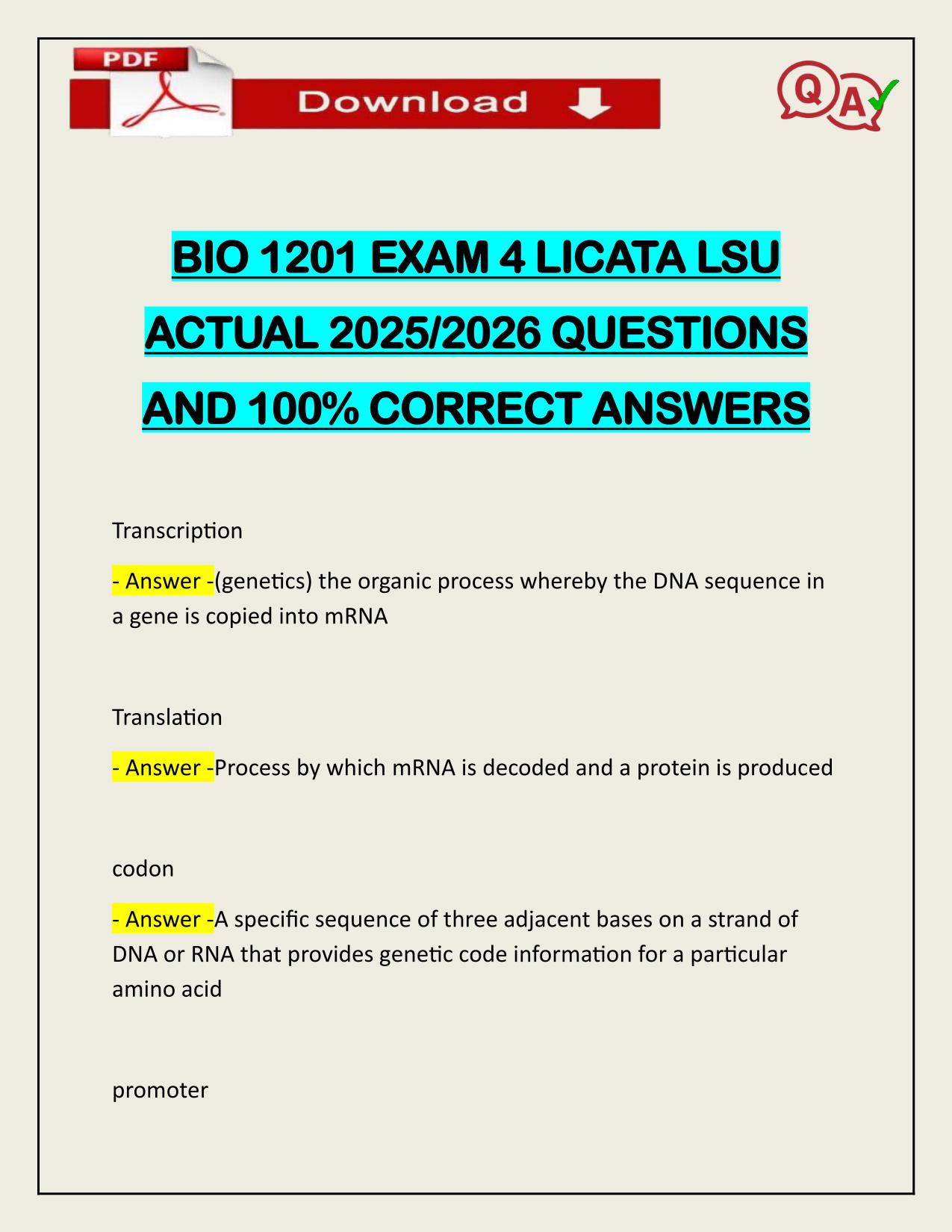 BIO 1201 EXAM 4 LICATA LSU ACTUAL 2025/2026 QUESTIONS AND 100% CORRECT ANSWERS