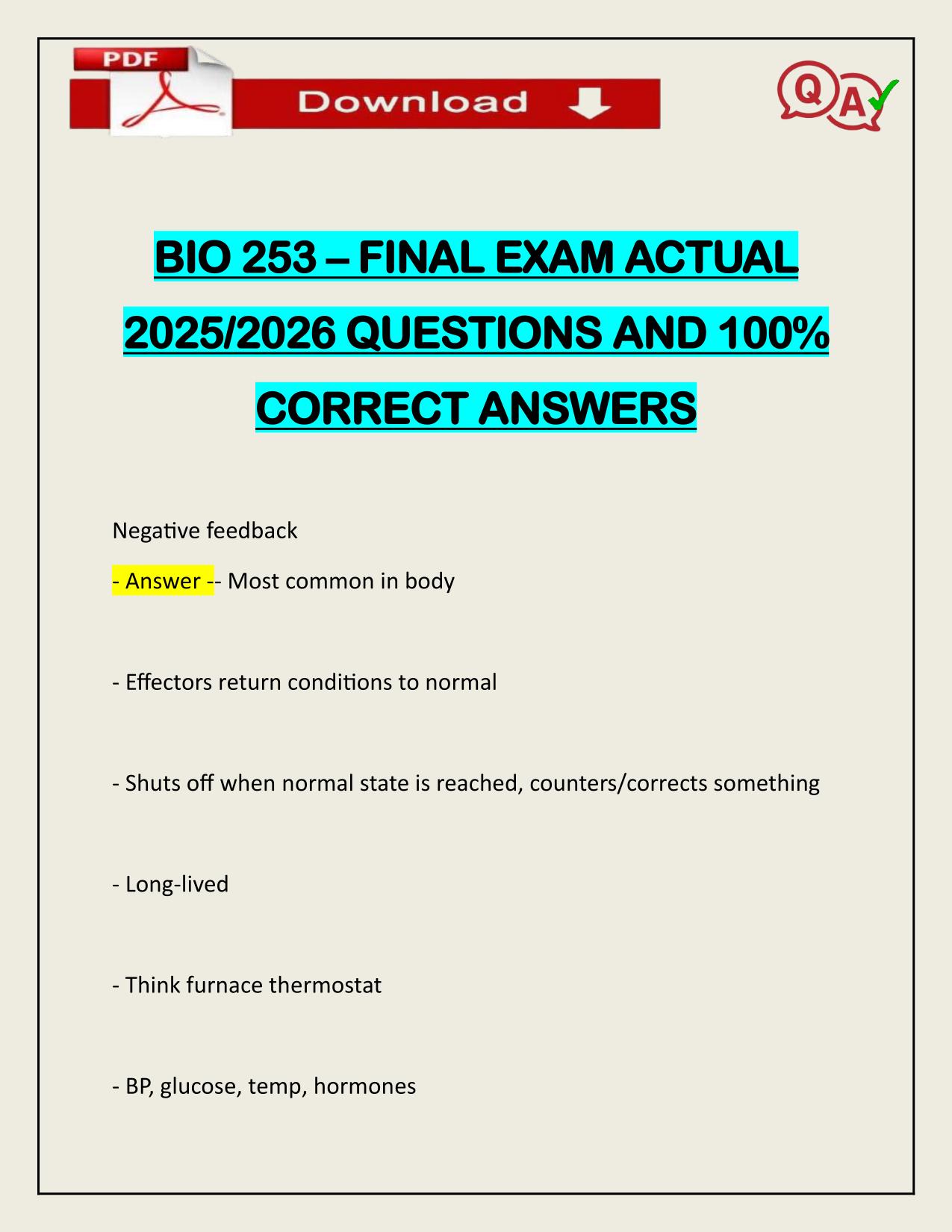 BIO 253 – FINAL EXAM ACTUAL 2025/2026 QUESTIONS AND 100% CORRECT ANSWERS