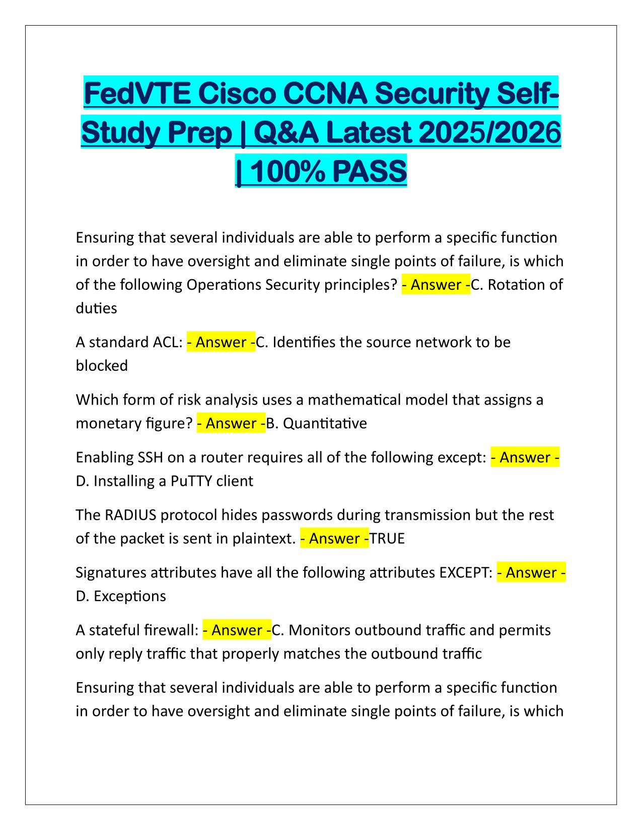 FedVTE Cisco CCNA Security SelfStudy Prep Q&A Latest Update