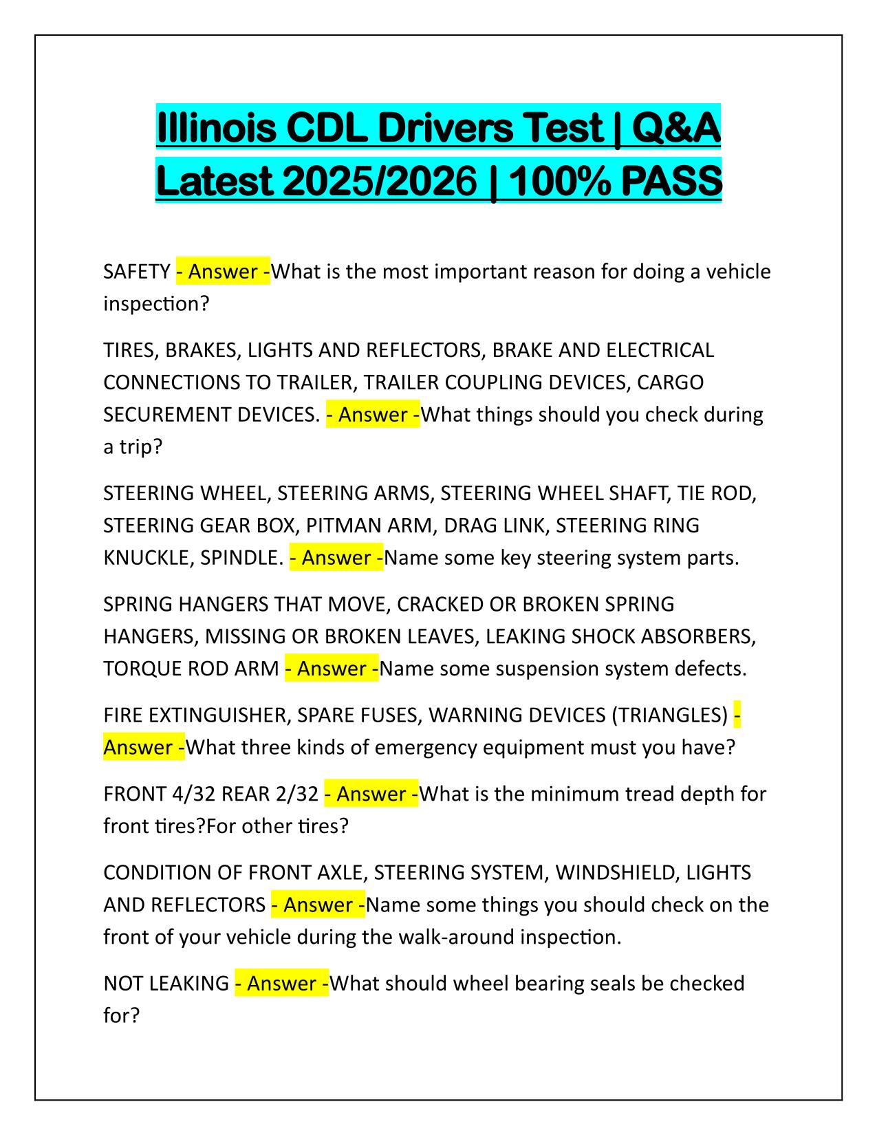 Illinois CDL Drivers Test Q&A Latest Update 2025