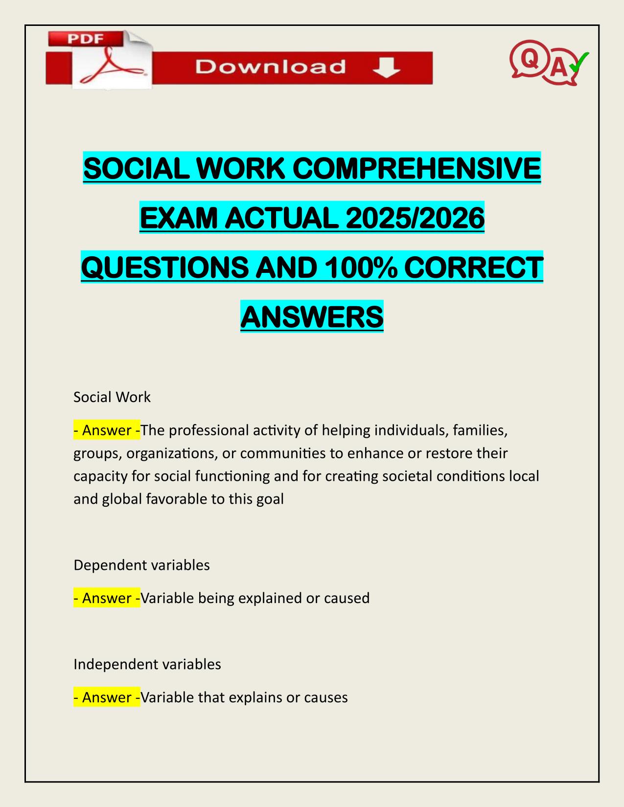SOCIAL WORK COMPREHENSIVE EXAM ACTUAL 2025/2026