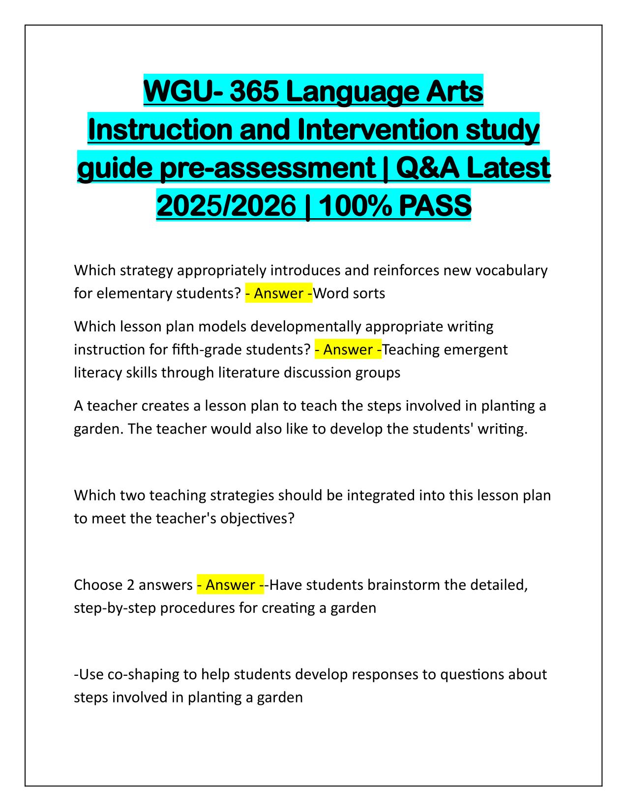 WGU-365 Language Arts Instruction and Intervention study guide pre-assessment Q&A 2025-2026 Update