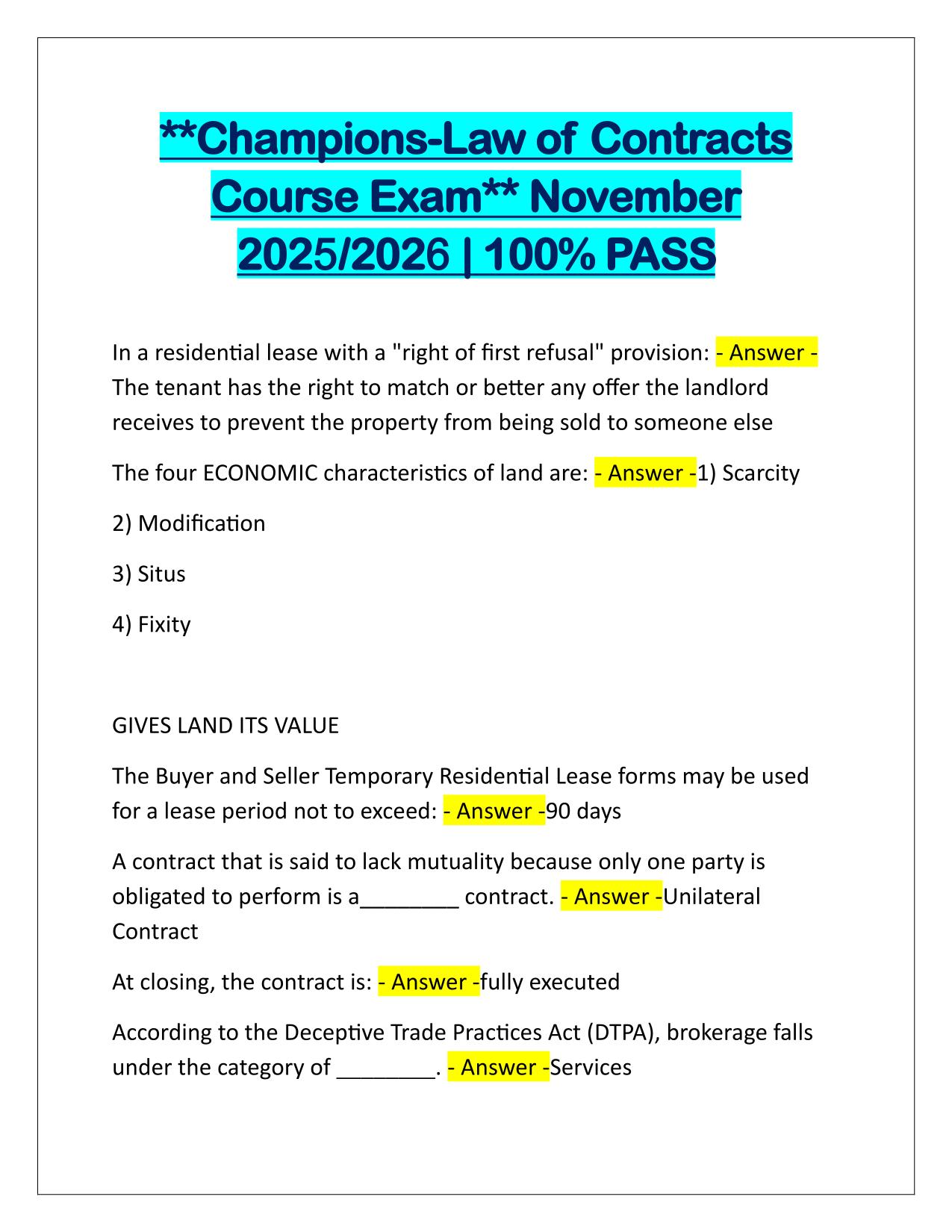 Bundle for Champions of Real Estate EXAMS Q&A Latest Update 2025-2026