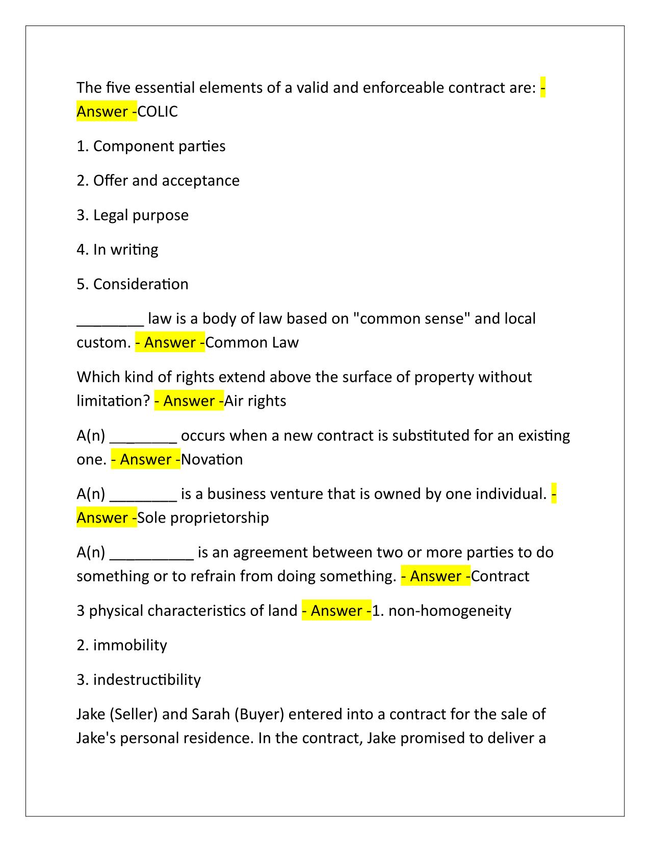 Champions-Law of Contracts Course Exam November Q&A Latest Update