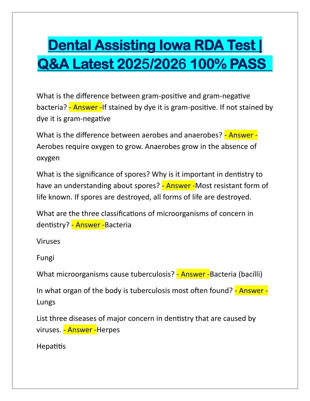 Dental Assisting Iowa RDA Test Q&A Latest Update