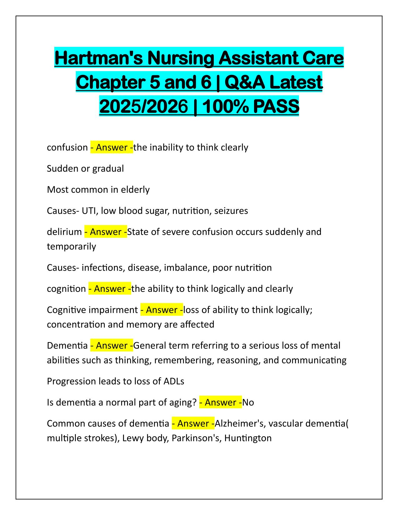 Bundle for Hartmans CNA, Nursing Assistant Care Q&A Latest Update 2025-2026
