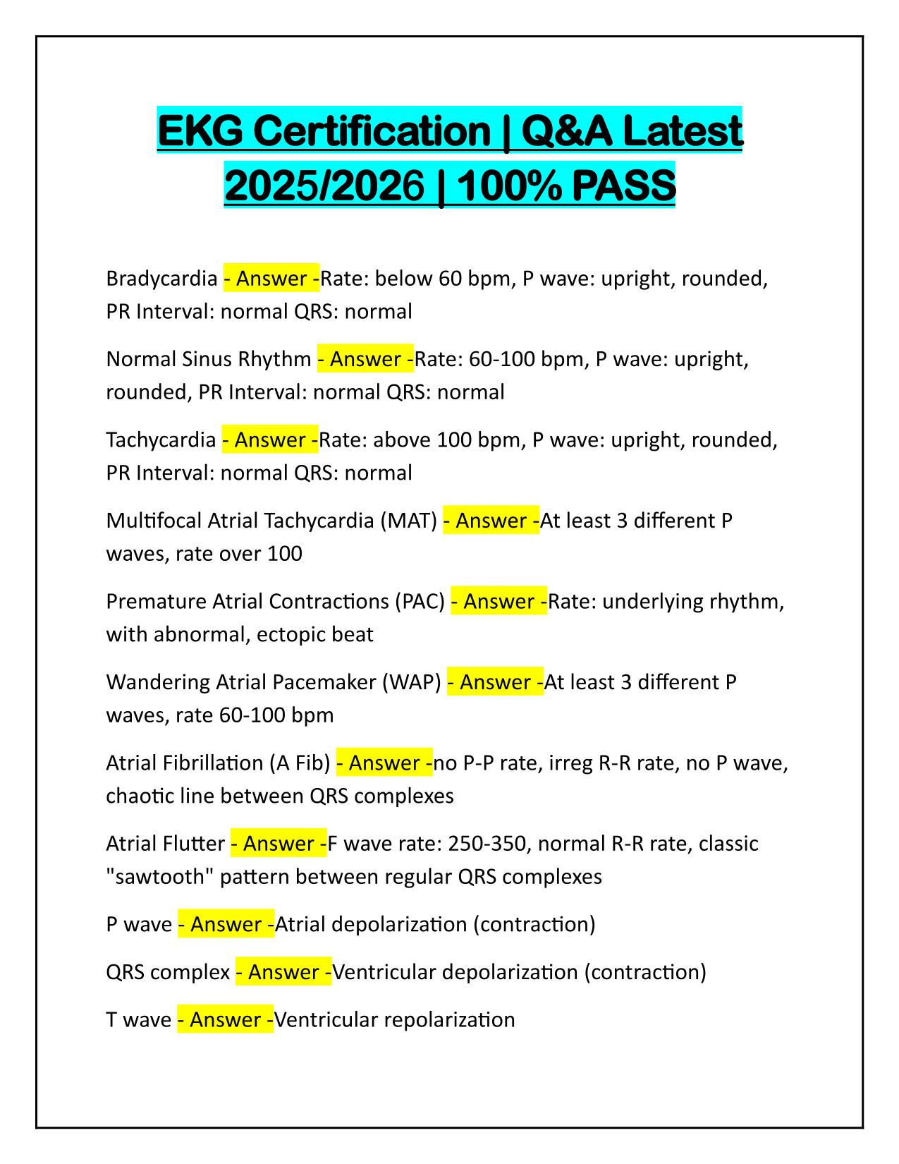EKG Certification Test Q&A Latest Update