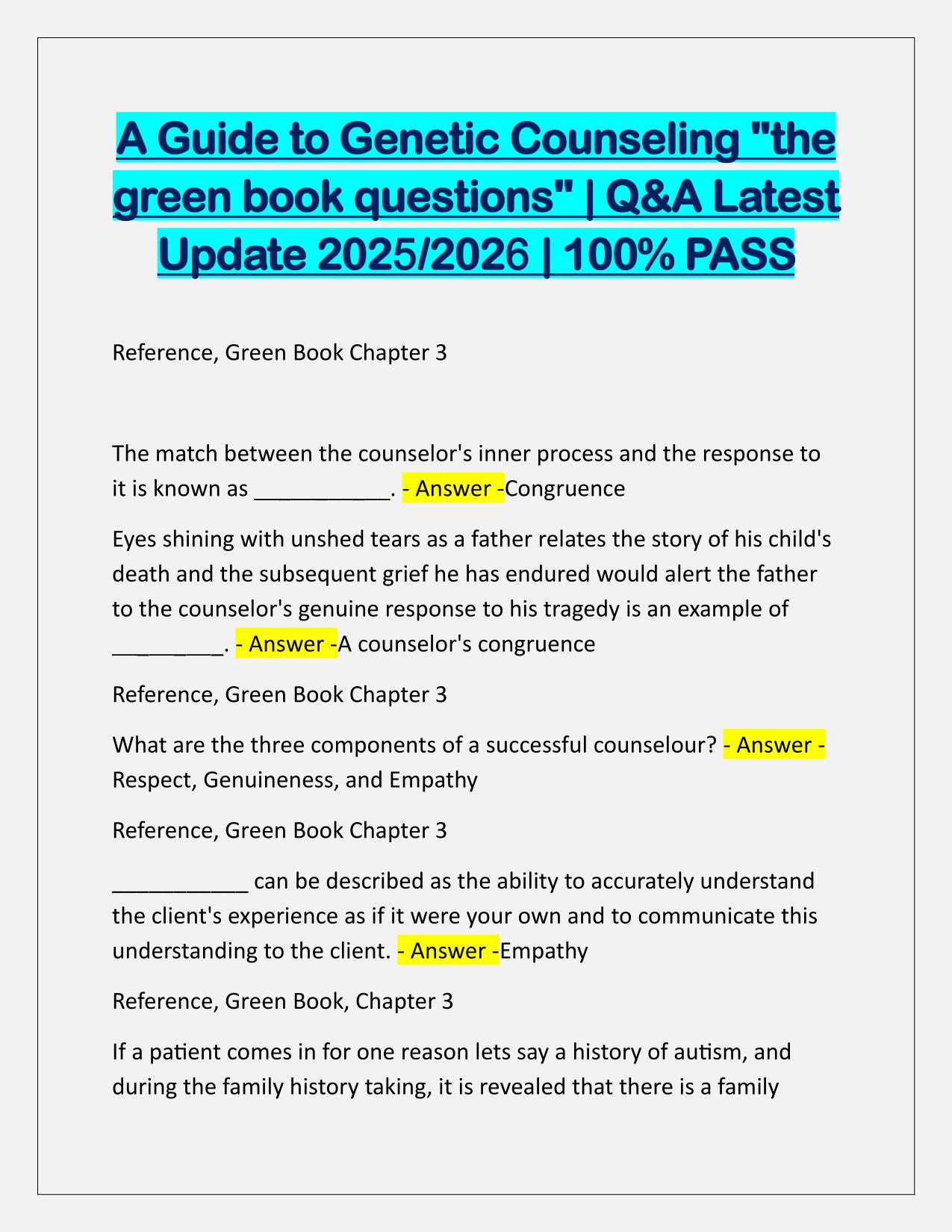 A Guide to Genetic Counseling (the green book questions) with Verified Answers