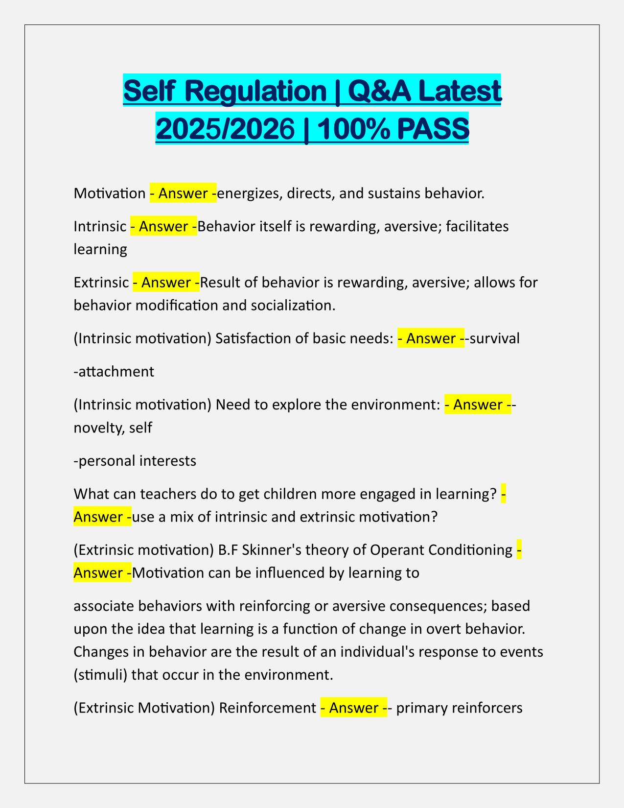 Self Regulation TEST Q&A Latest