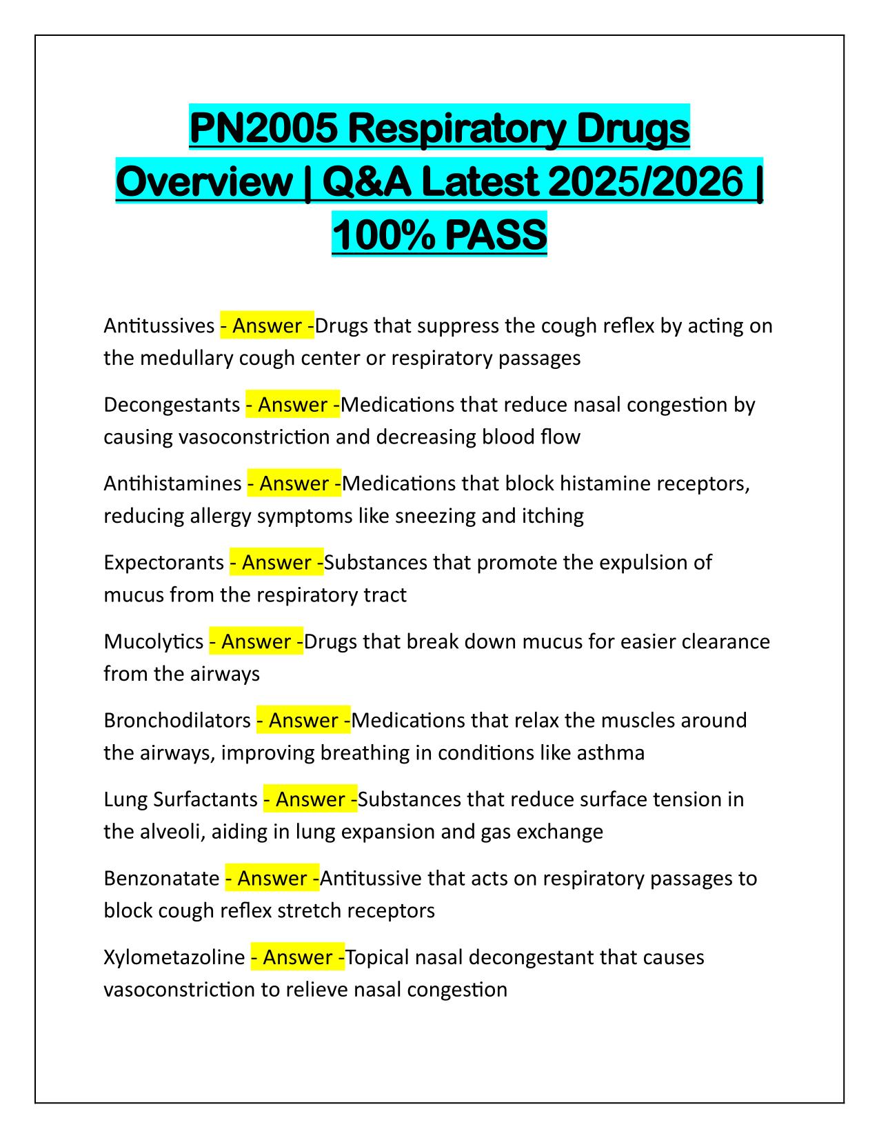 PN2005 Respiratory Drugs Overview Correctly Answered