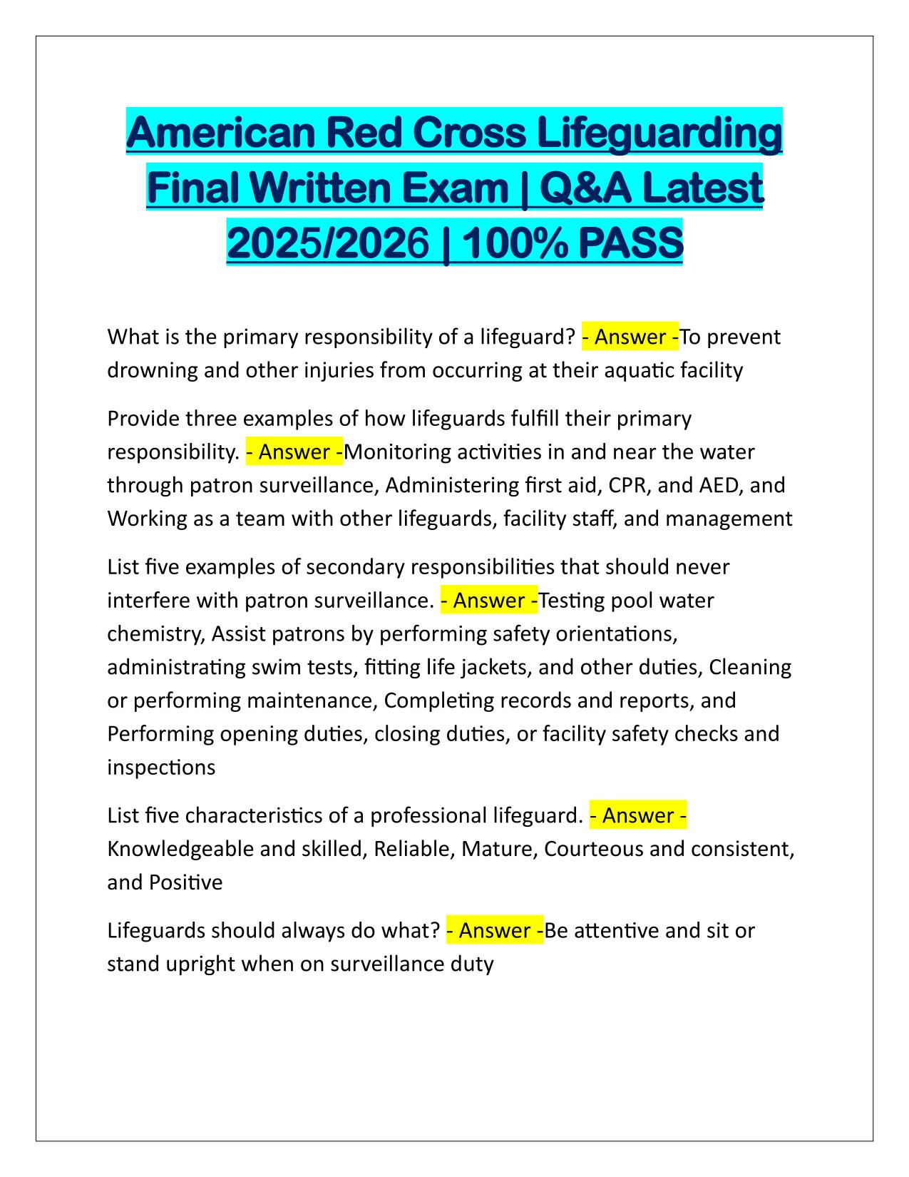 American Red Cross Lifeguarding Final Written Exam Q&A Latest Update