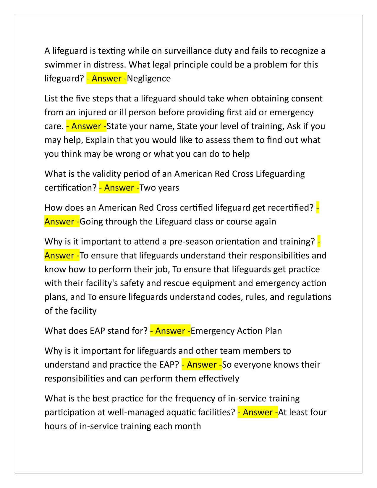 American Red Cross Lifeguarding Final Written Exam Q&A Latest Update