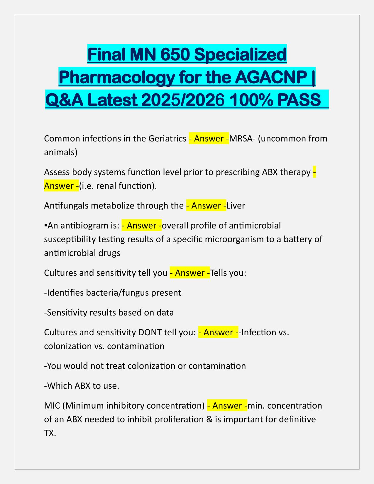 Final MN 650 Specialized Pharmacology for the AGACNP Q&A 2025-2026