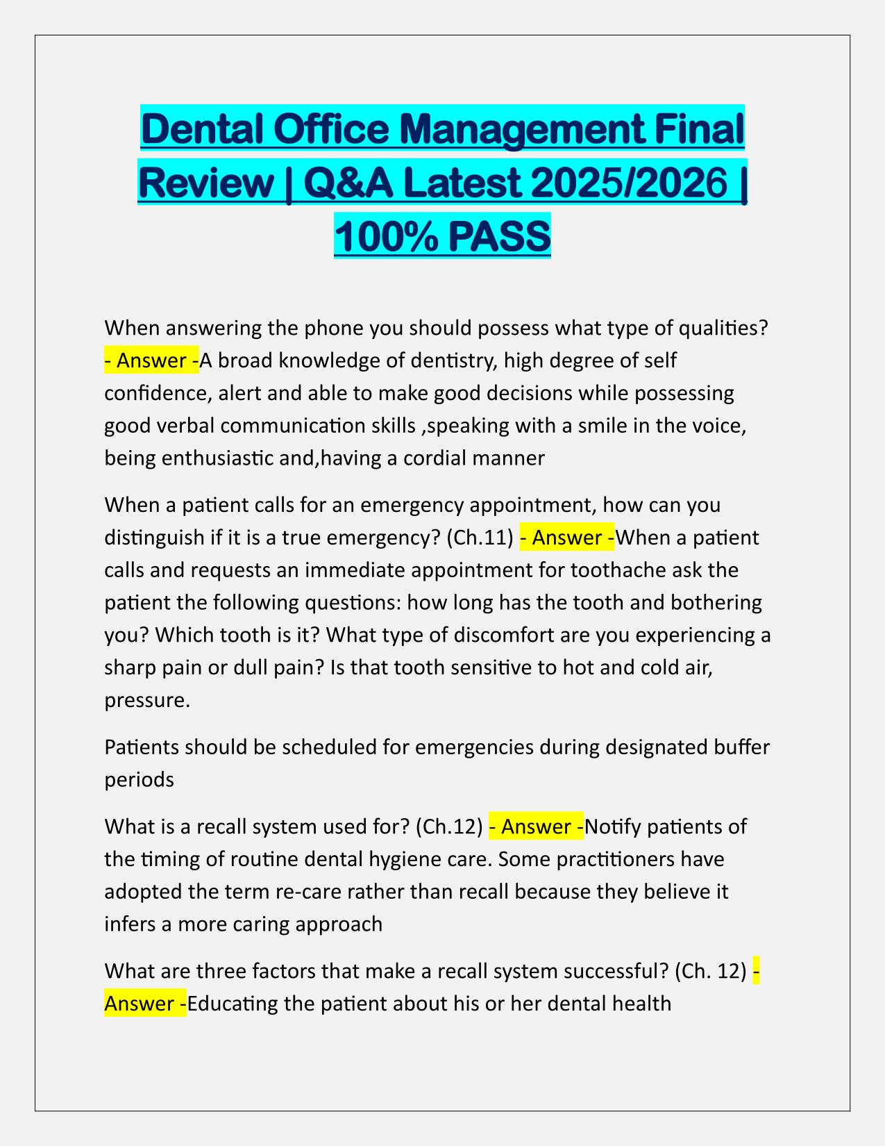 Dental Office Management Final Review Correctly Answered Latest