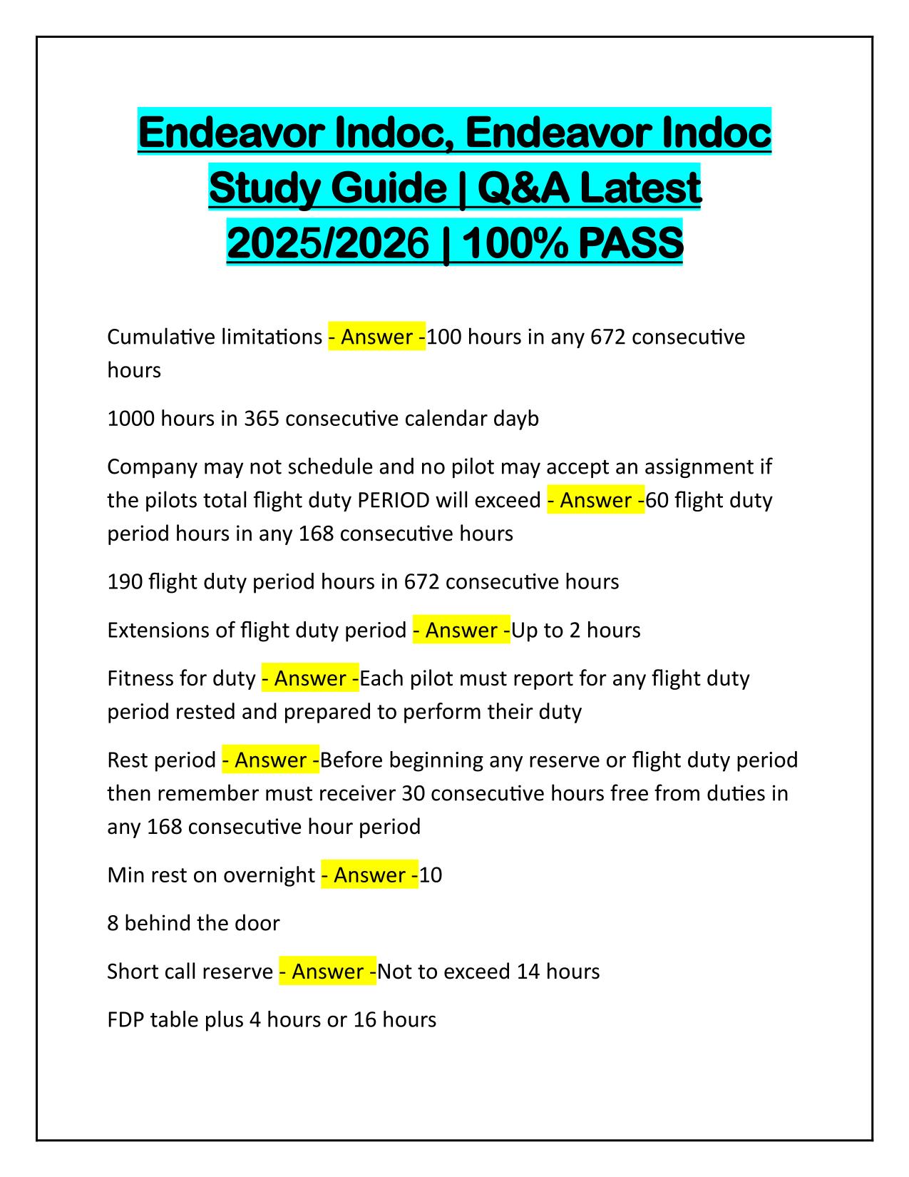 Endeavor Indoc, Endeavor Indoc Study Guide Q&A Latest