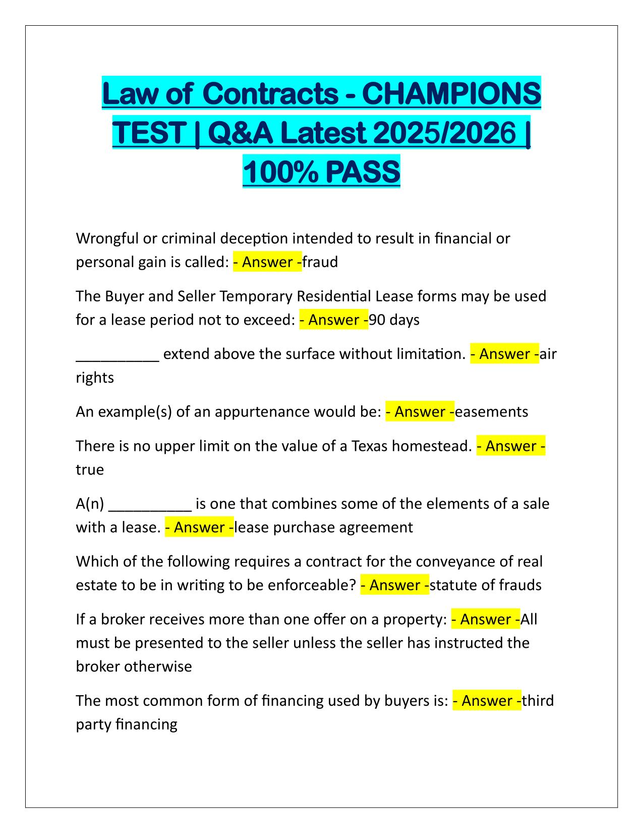 Package Deal for Law of Agency and Law of Contracts EXAMS Q&A Latest Update 2025-2026