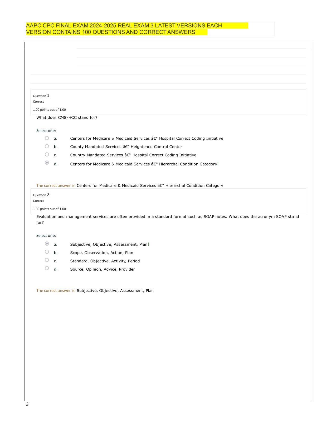 AAPC CPC FINAL EXAM 2025 REAL EXAM 3 LATEST VERSIONS EACH VERSION CONTAINS 100 Q&A