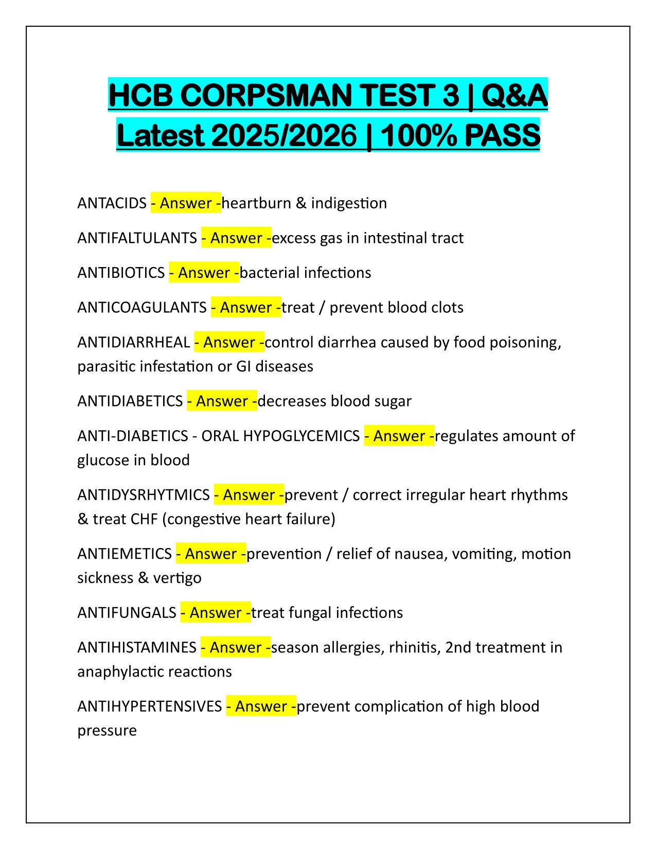 HCB CORPSMAN TEST 3 Correctly Answered Latest Update