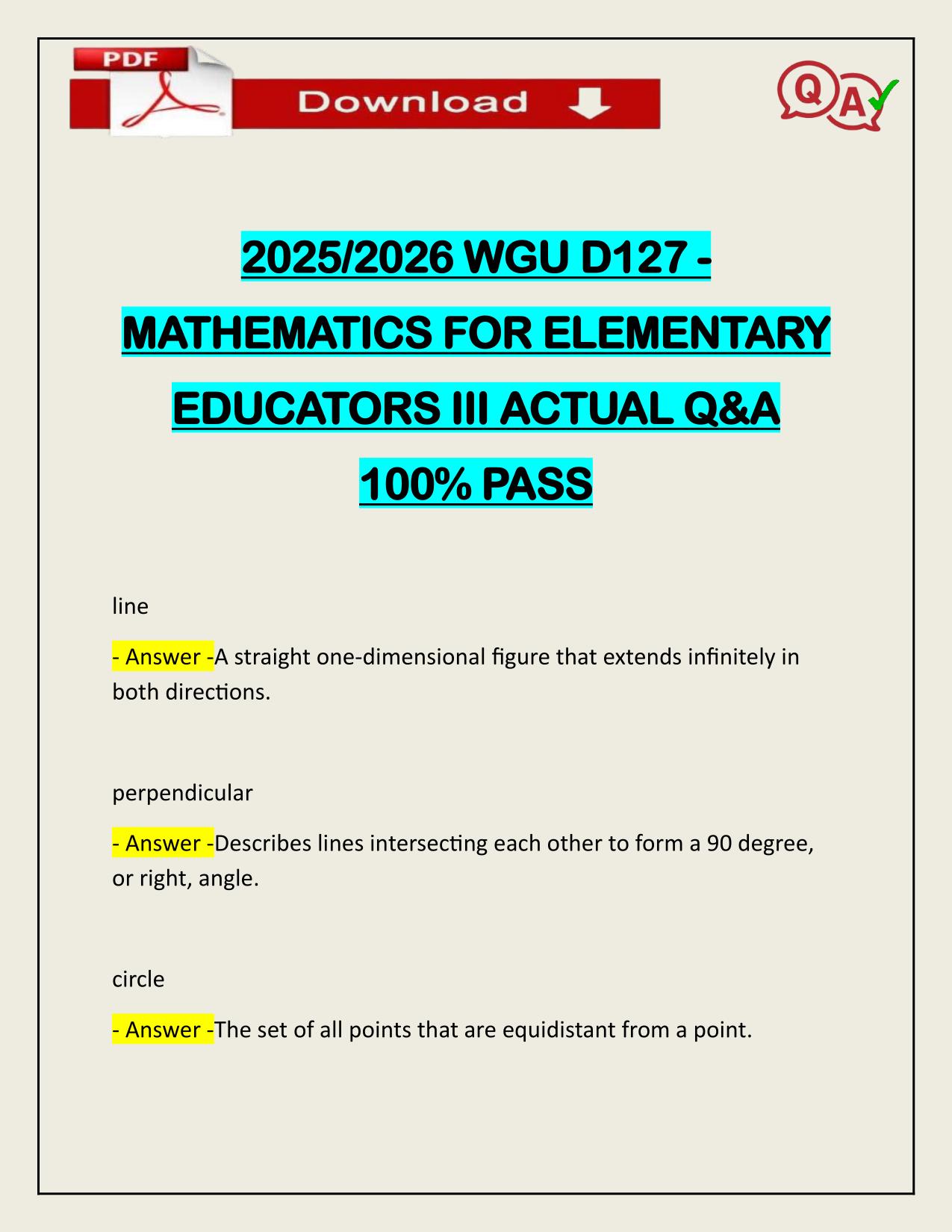 2025/2026 WGU D127 - MATHEMATICS FOR ELEMENTARY EDUCATORS III