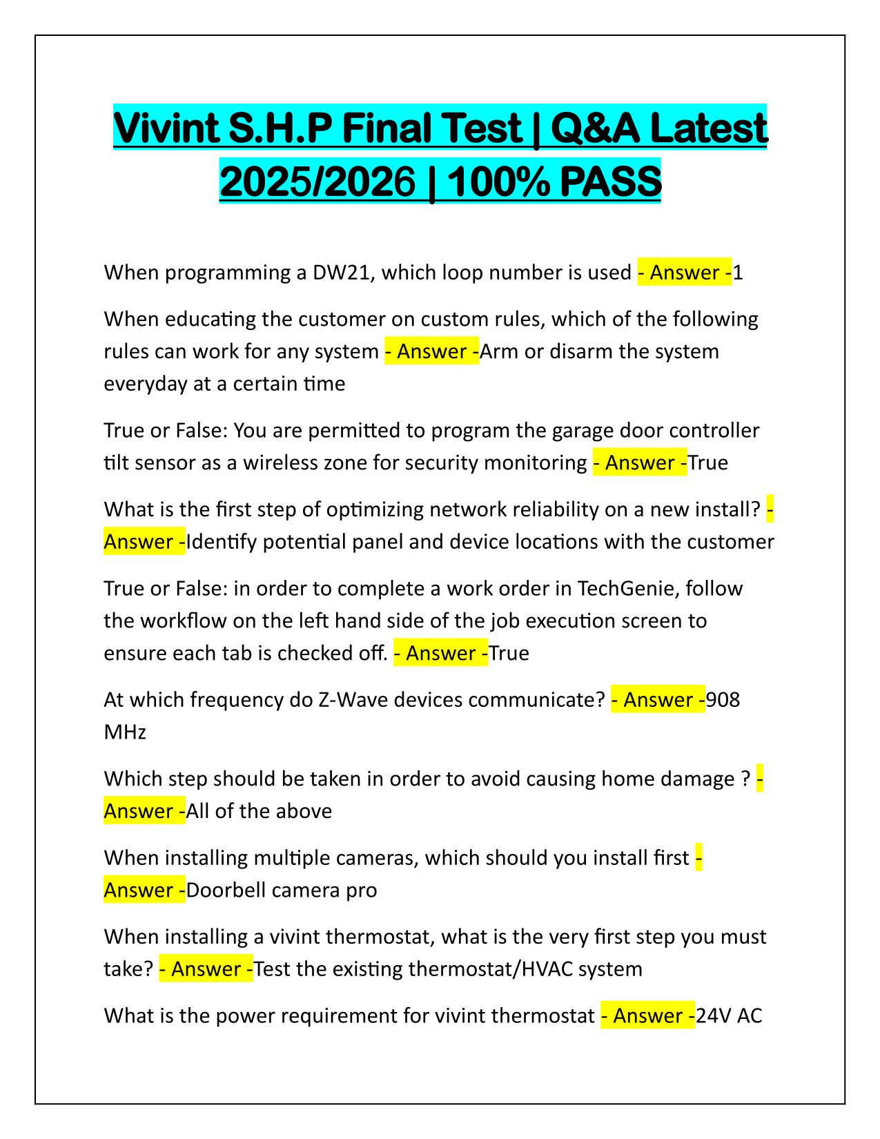 Vivint S.H.P Final Test Correctly Answered