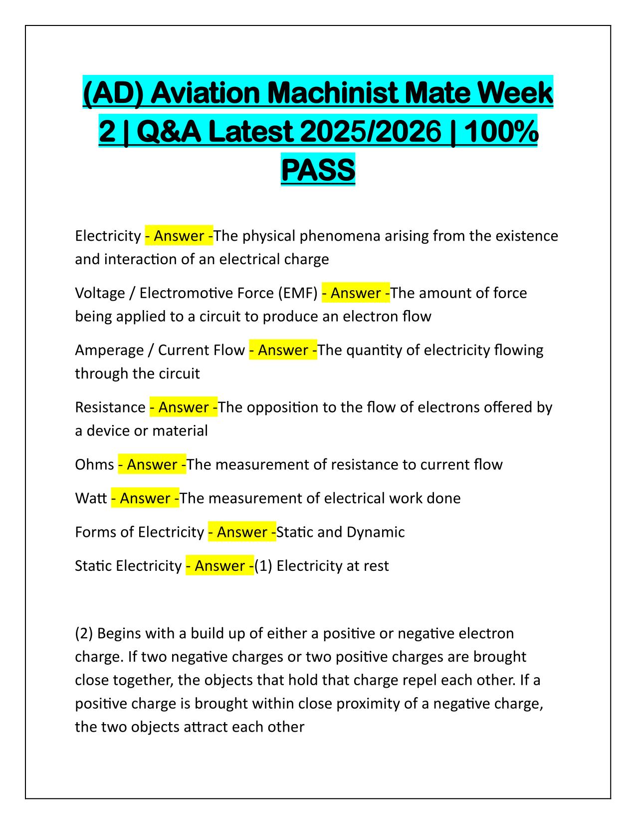 (AD) Aviation Machinist Mate Week 2 Correctly Answered Latest Update