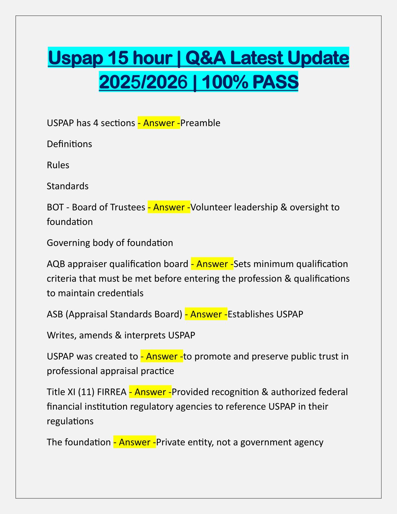 Package Deal for USPAP 15 Hour EXAMS Q&A Latest Update