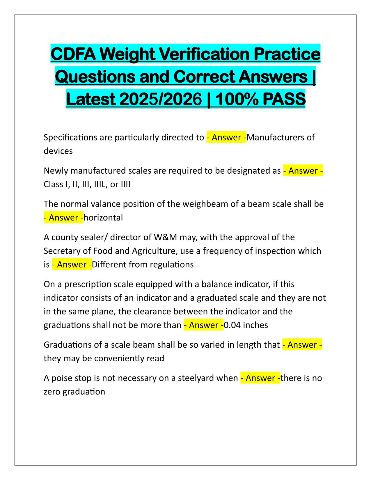 CDFA Weight Verification Practice Questions and Correct Answers 2025