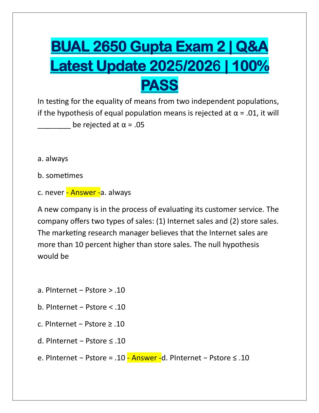 BUAL 2650 Gupta Exam 2 Correctly Answered Latest Update 2025