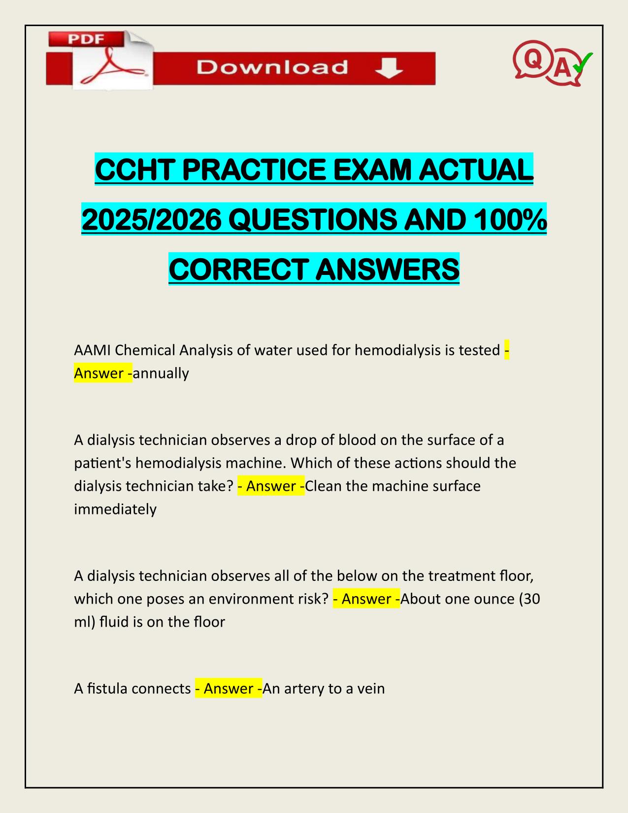 CCHT PRACTICE EXAM ACTUAL 2025/2026 CORRECTLY ANSWERED