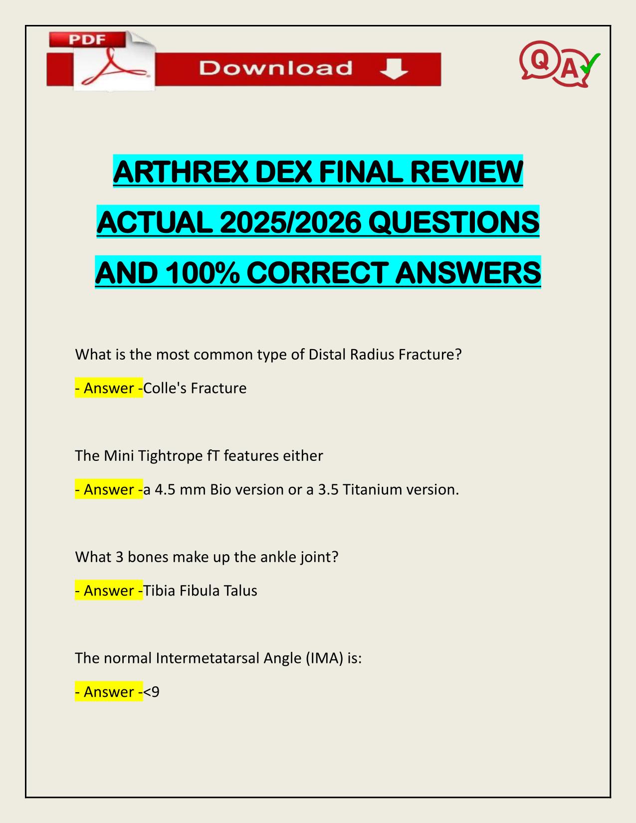 ARTHREX DEX FINAL REVIEW ACTUAL 2025/2026 CORRECTLY ANSWERED