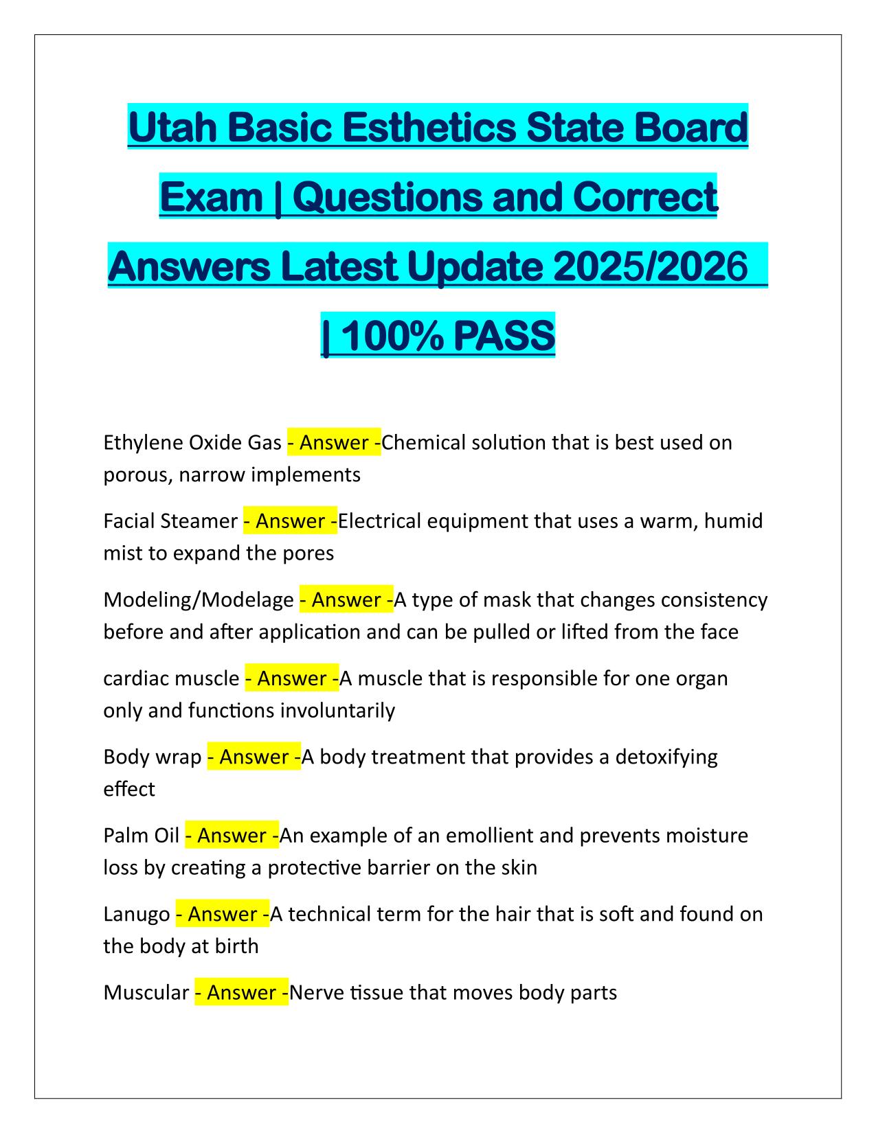 Utah Basic Esthetics State Board Exam Questions and Answers 2025/2026