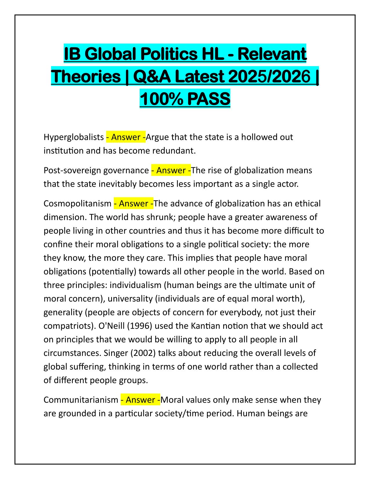IB Global Politics HL Relevant Theories Correctly Answered Latest Update