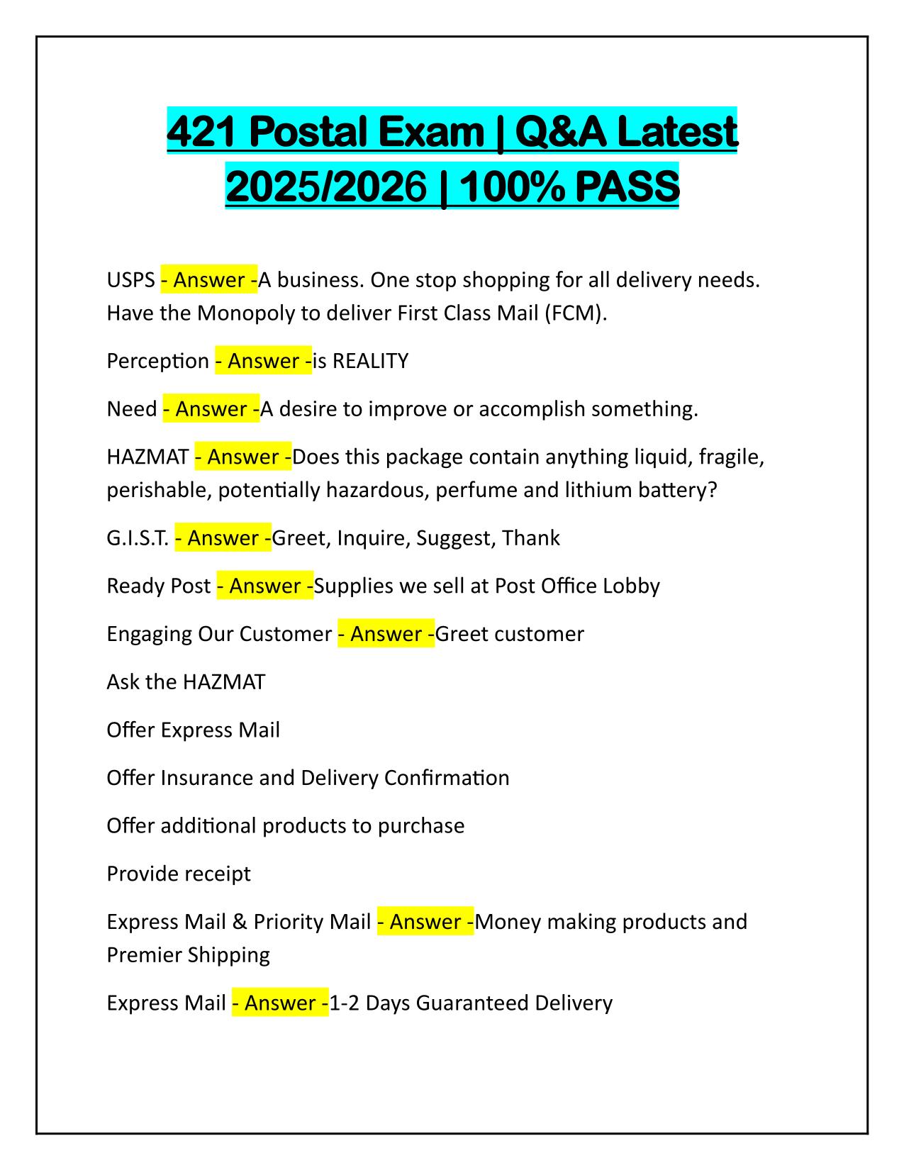 421 Postal Exam Questions and Answers Latest Update