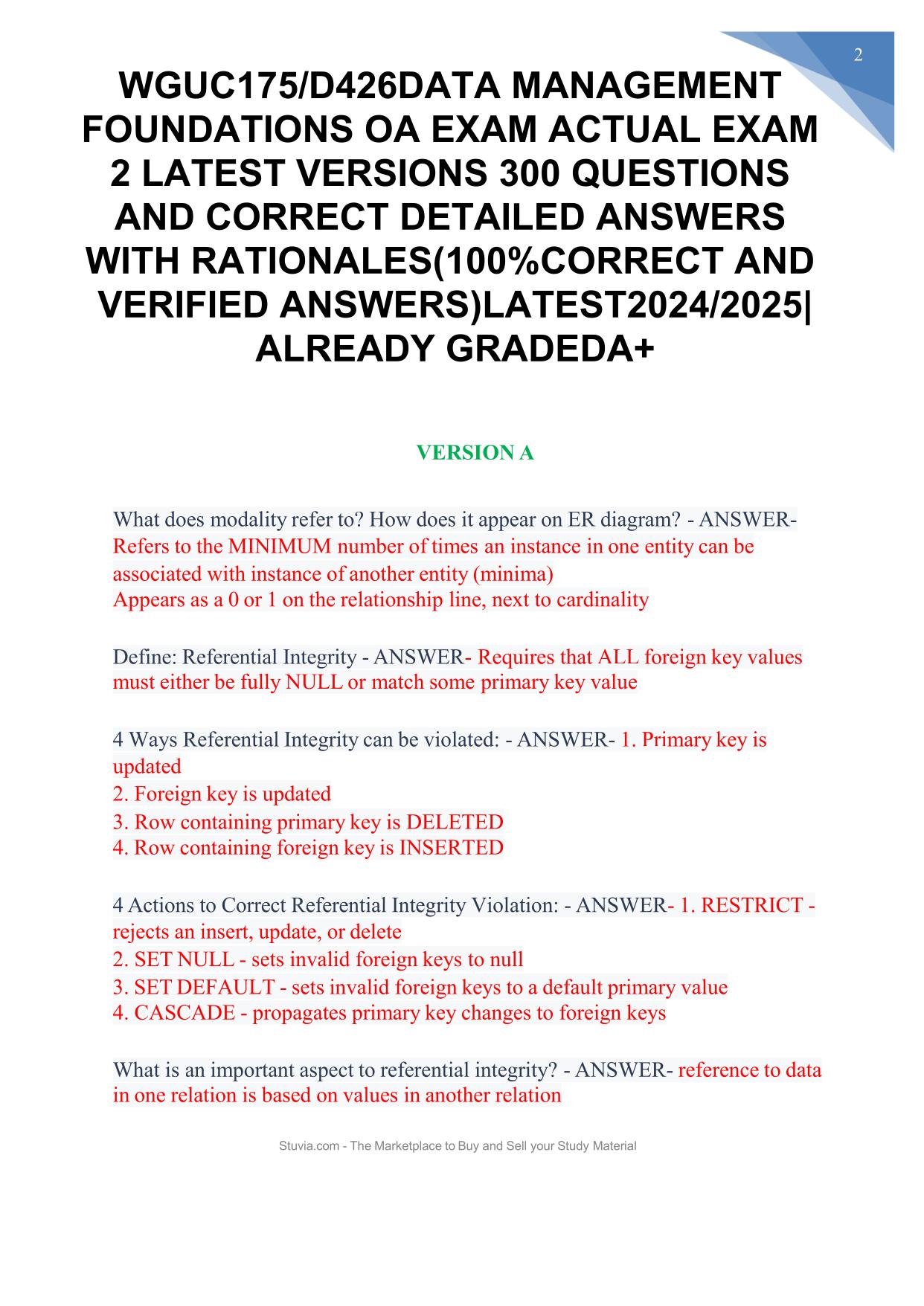 WGUC175/D426 DATA MANAGEMENT FOUNDATIONS OA EXAM ACTUAL EXAM 2 LATEST VERSIONS 300+ Q&A
