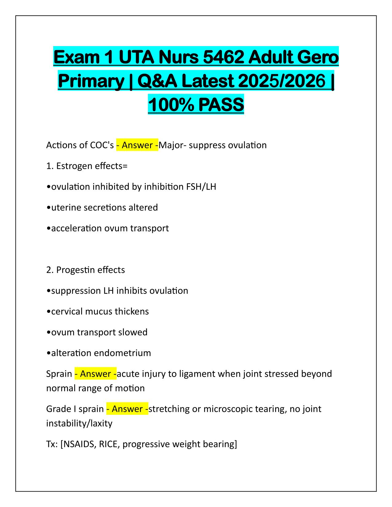 Exam 1 UTA Nurs 5462 Adult Gero Primary Q&A Latest Update