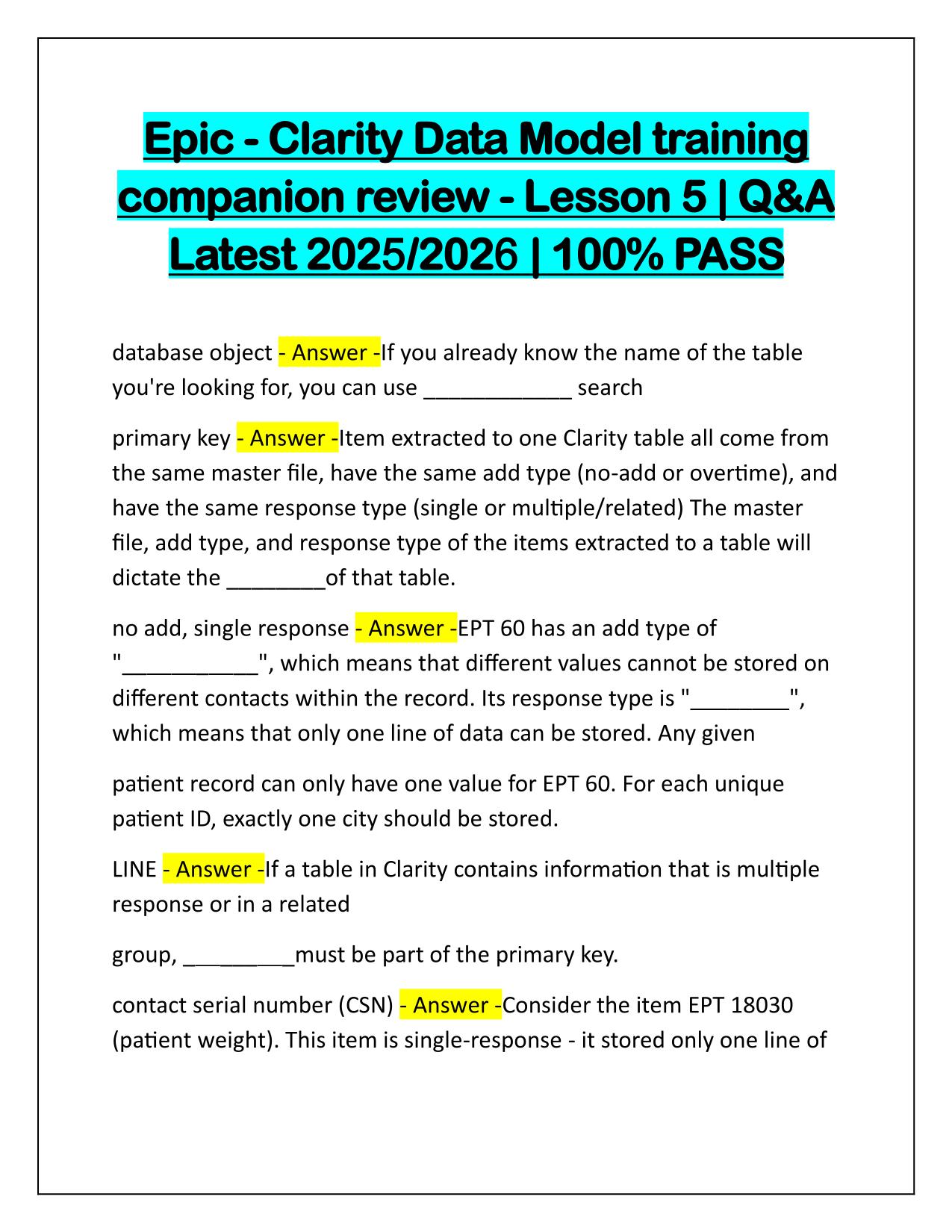 Epic Clarity Data Model training companion review Lesson 5 Latest Update