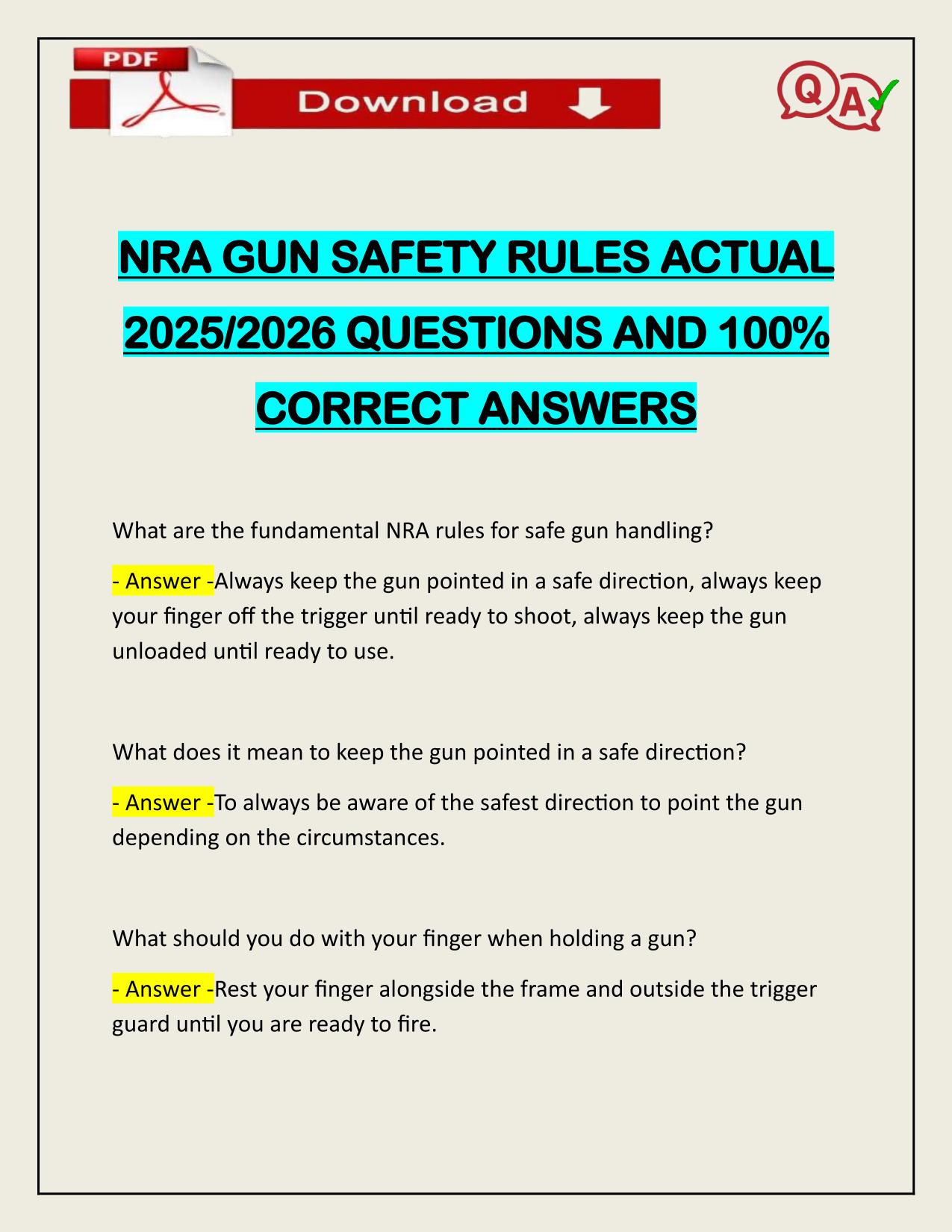 NRA GUN SAFETY RULES ACTUAL 2025/2026 CORRECTLY ANSWERED