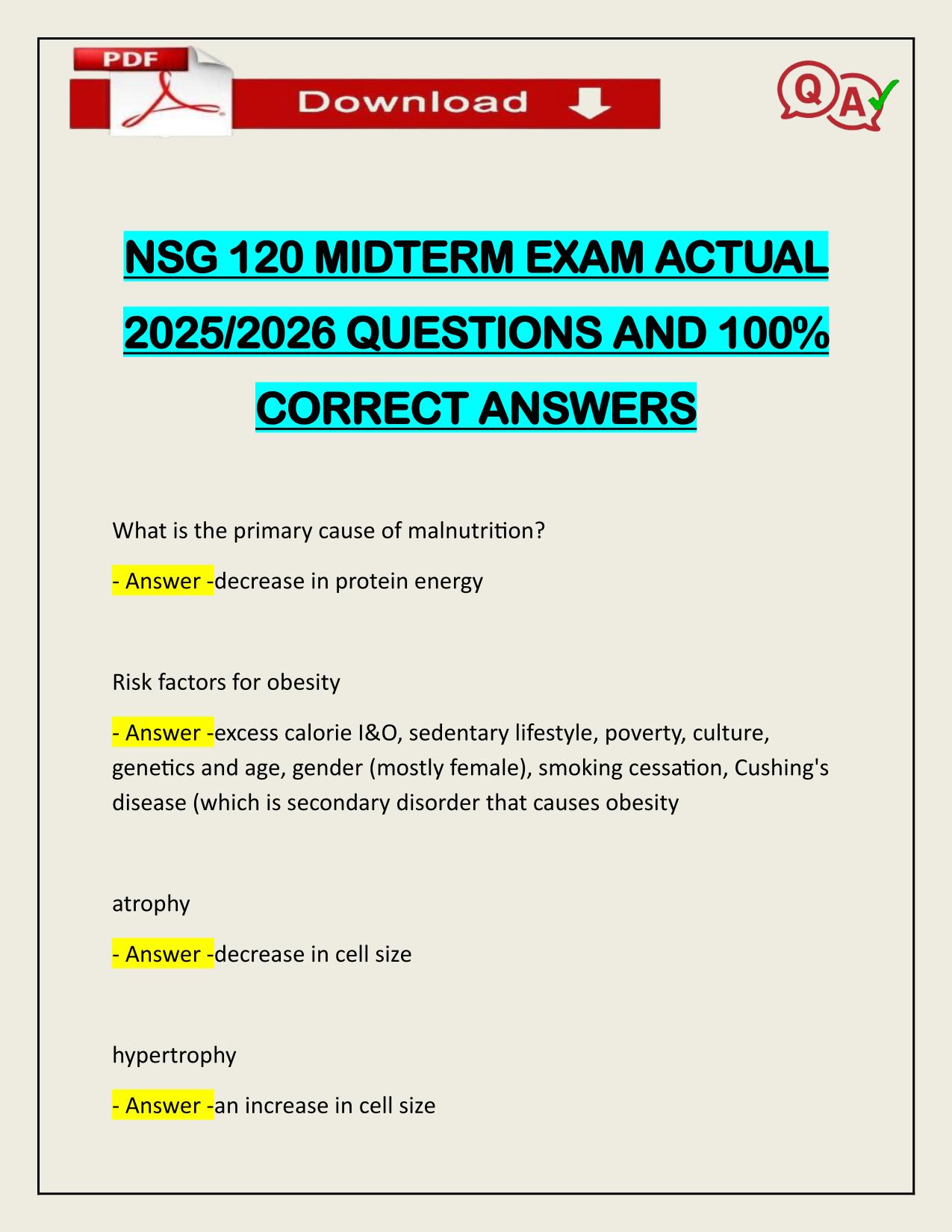 NSG 120 MIDTERM EXAM ACTUAL 2025/2026 QUESTIONS AND 100% CORRECT ANSWERS
