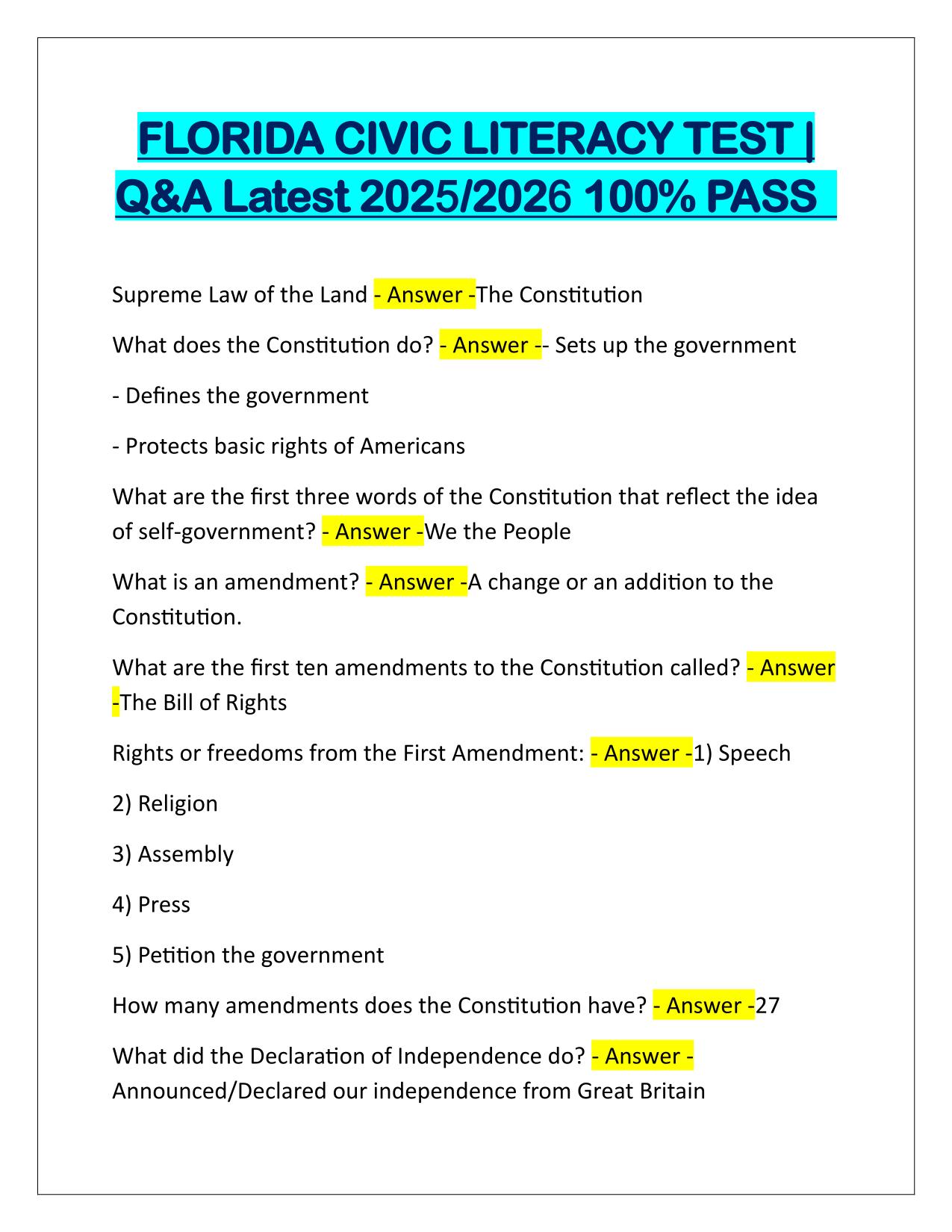 FLORIDA CIVIC LITERACY TEST Q&A Latest Update