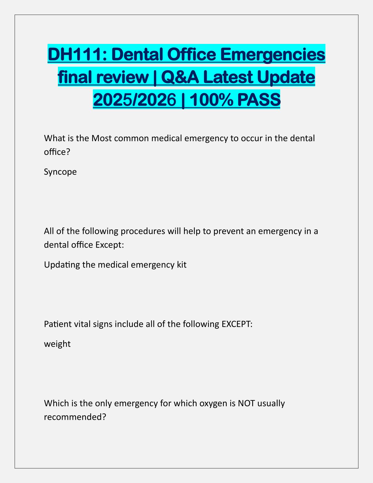 DH111 Dental Office Emergencies final review Q&A Latest Update