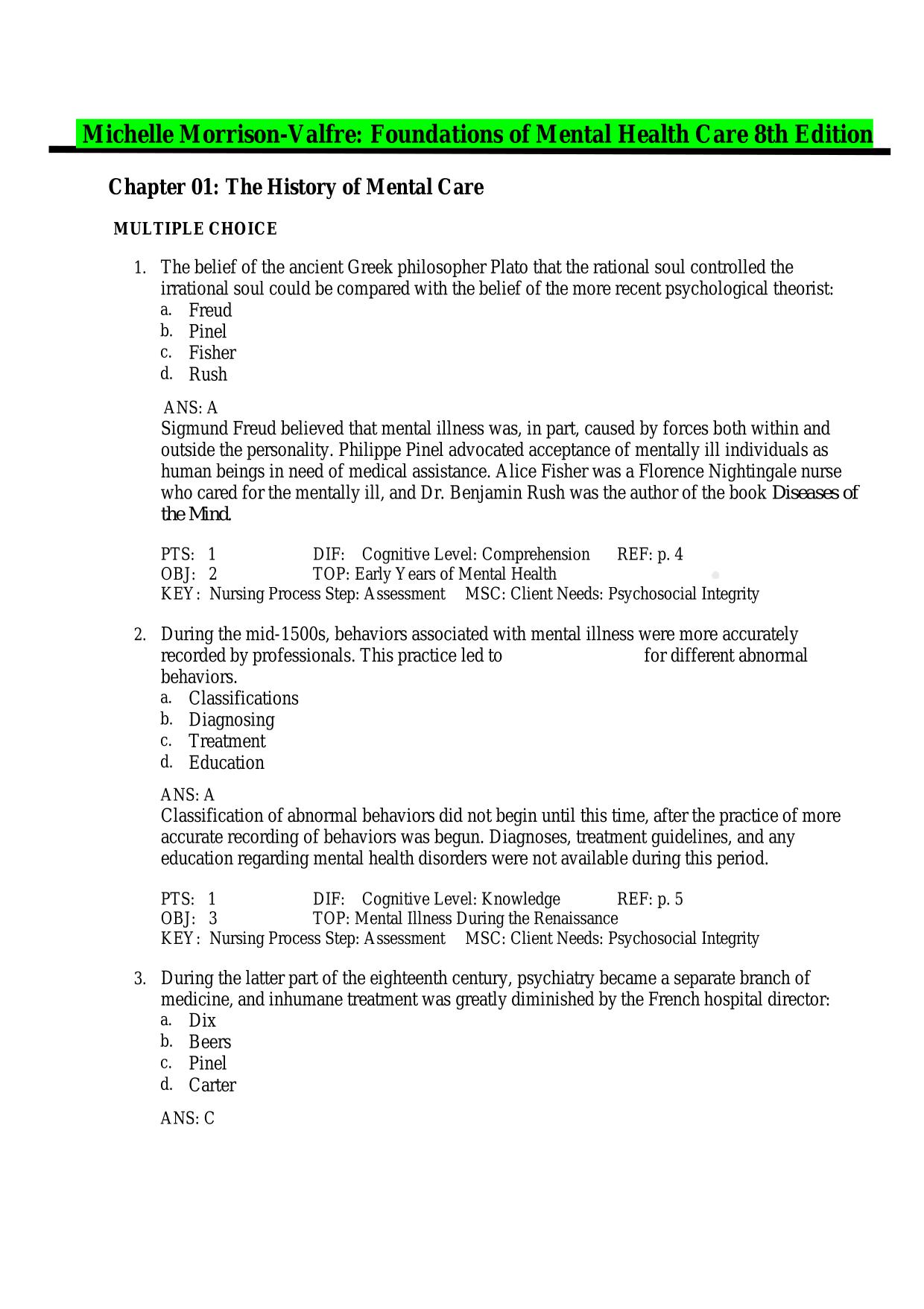 Test Bank for Foundations of Mental Health Care 8th Edition by Michelle Morrison ISBN 9780323810296